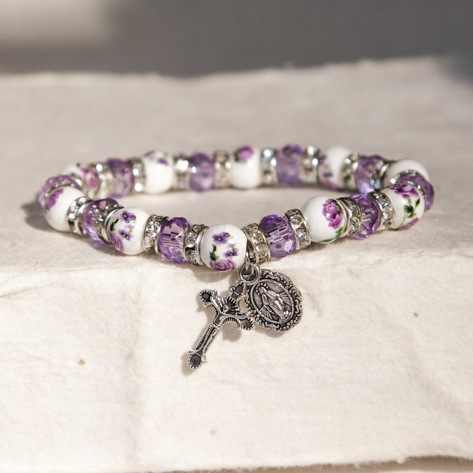 Lavender Crystal & Ceramic Floral Bracelet