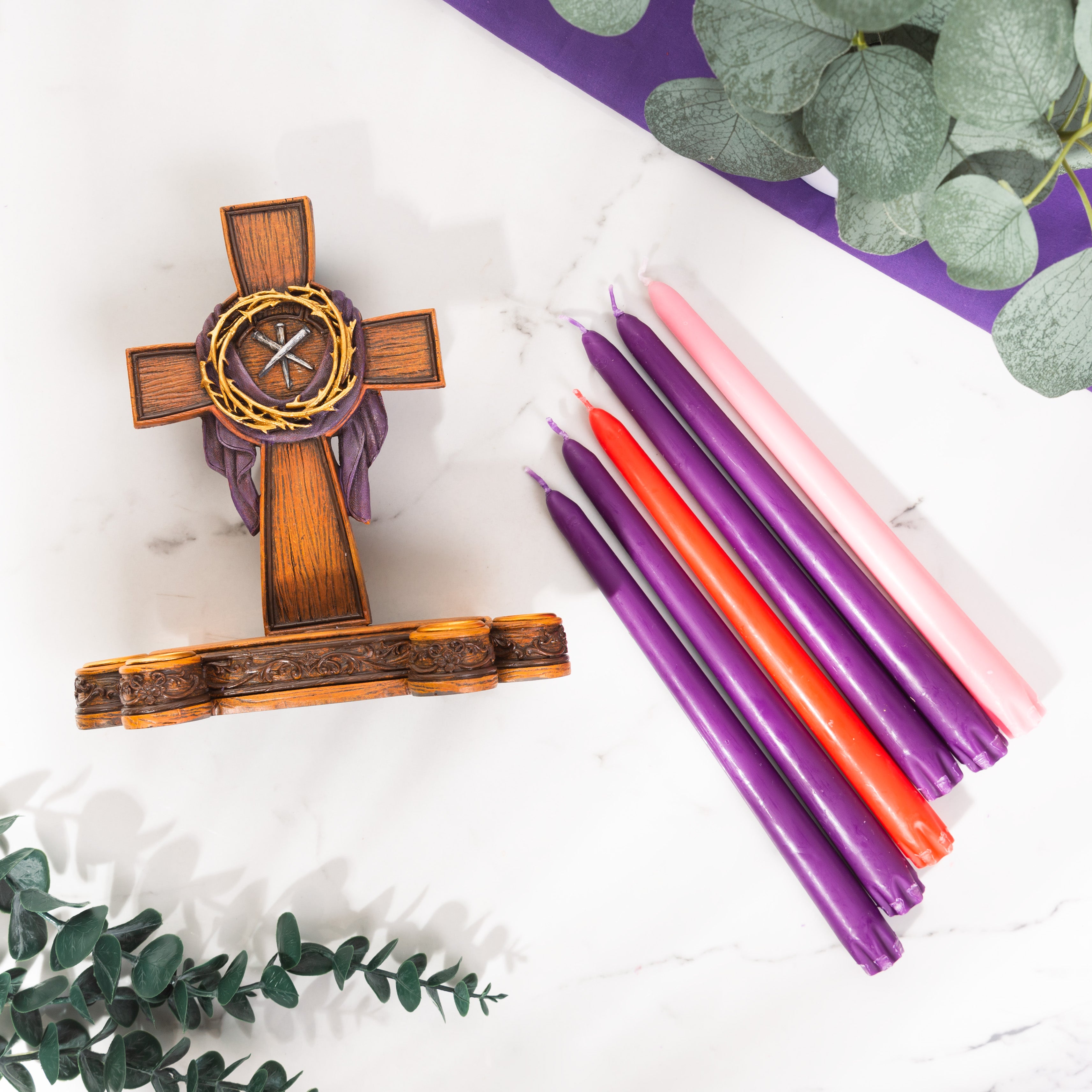 Lenten Crown of Thorns Candleholder & Lenten Taper Candles (Gift Set)
