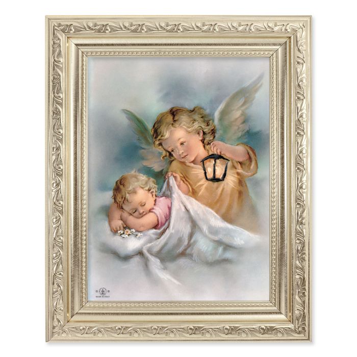 Guardian Angel with Lantern & Child in Silver Acanthus Leaf Frame - 8.25" x 10.25"
