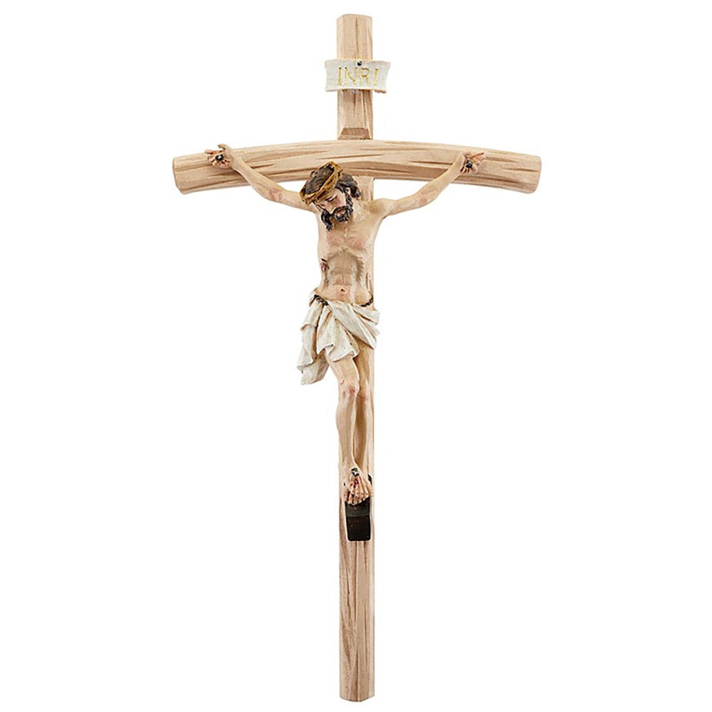 Hand Painted Val Gardena Style Natural Wood Crucifix - 12"