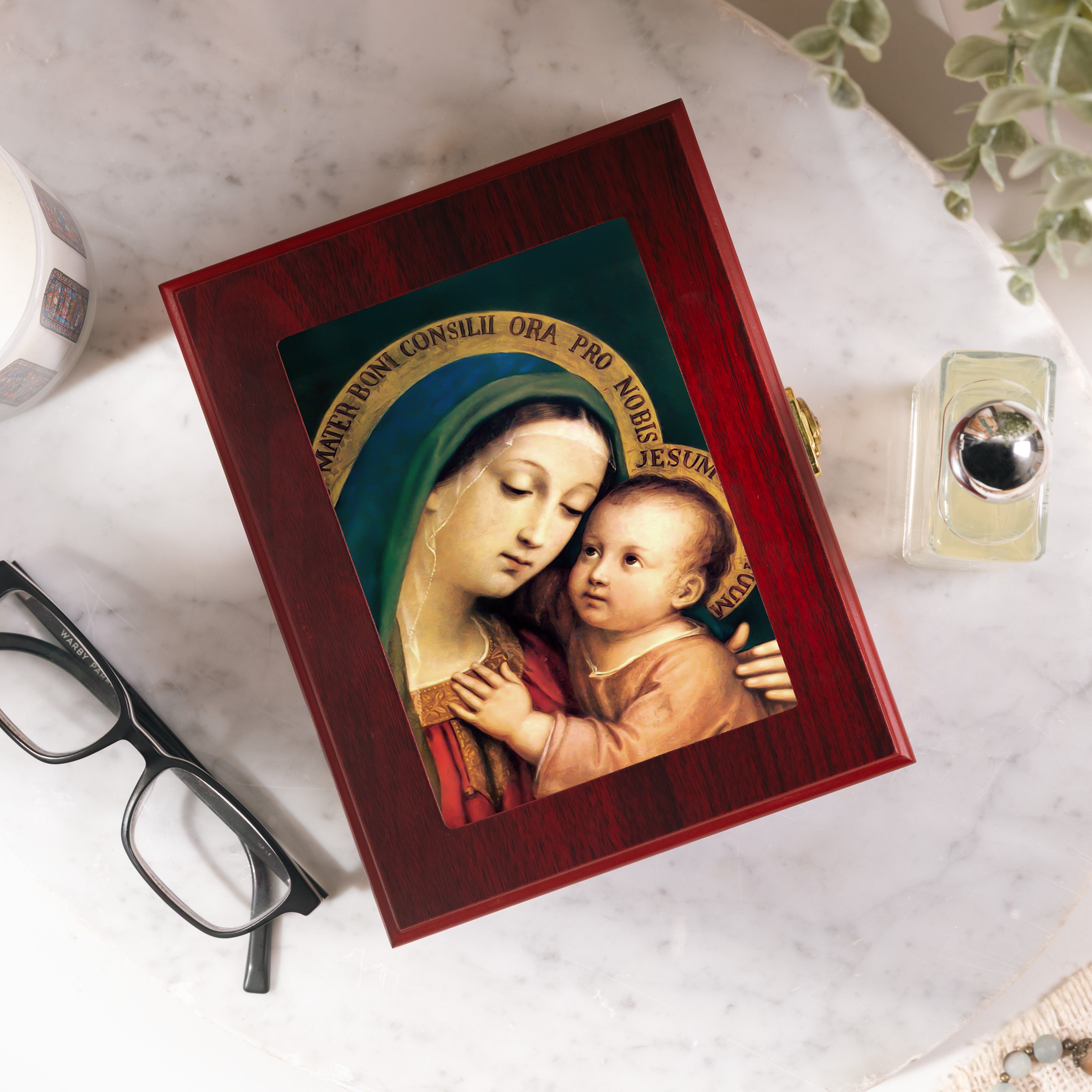 Our Lady of Good Counsel Cherry Rosary Keepsake Box