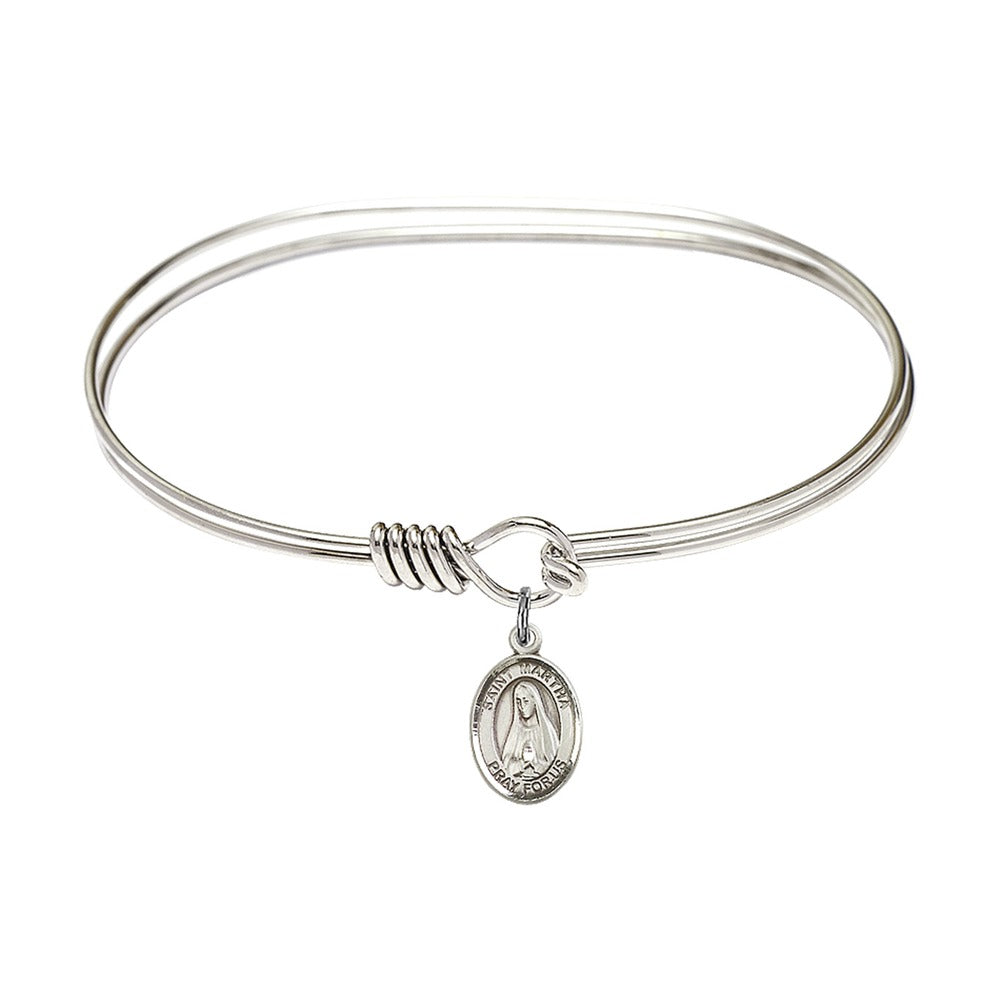 Adult 7" Oval Rhodium Plated Bangle Bracelet with St. Martha Medal Charm