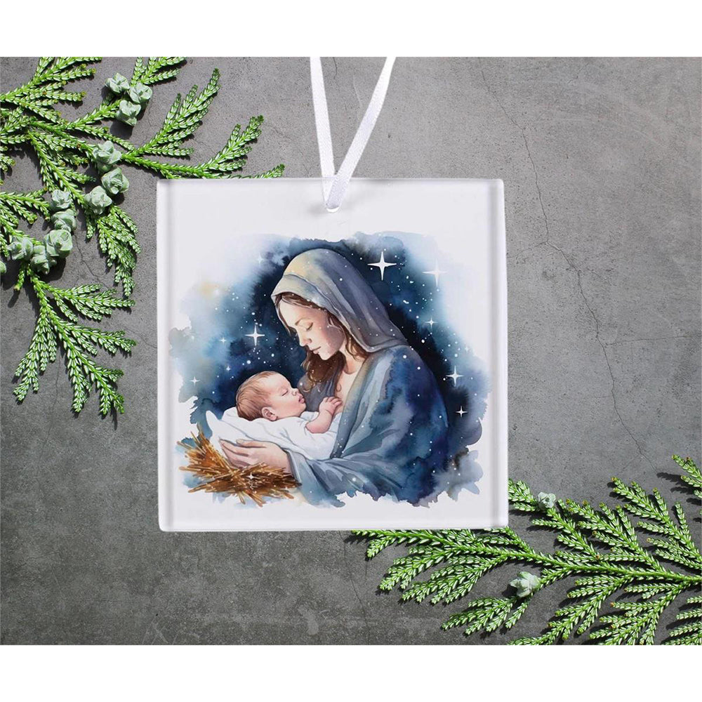 Rectangular Madonna & Child Glass Ornament - 3"