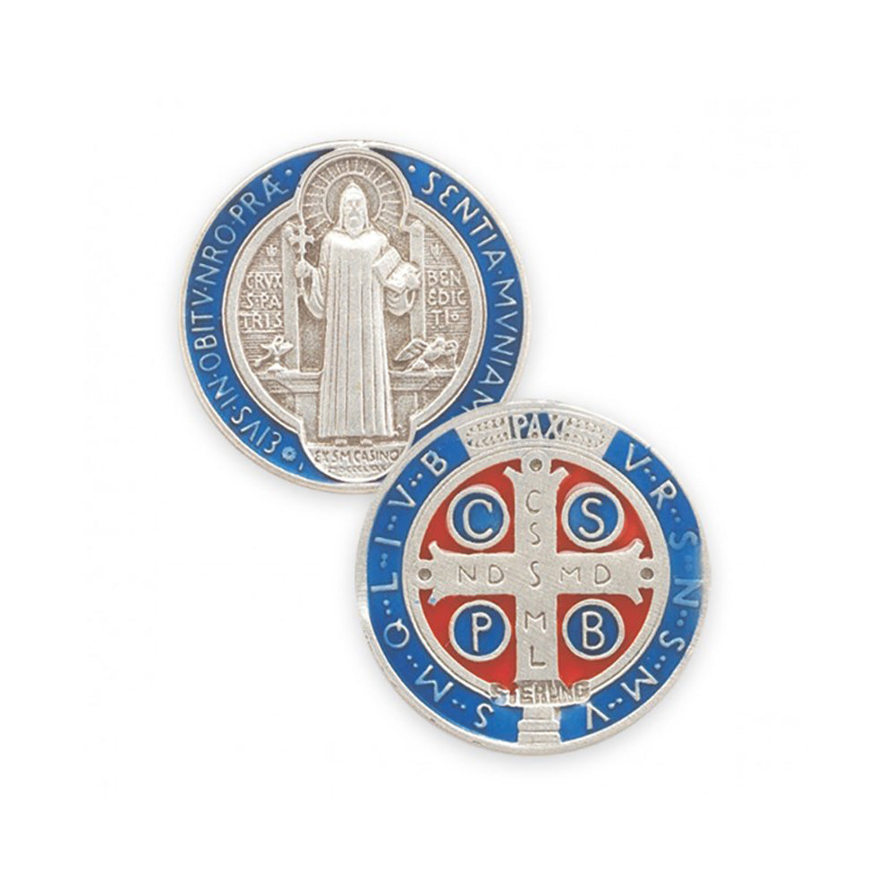 Sterling & Blue Enameled St. Benedict Medal Necklace - 24"