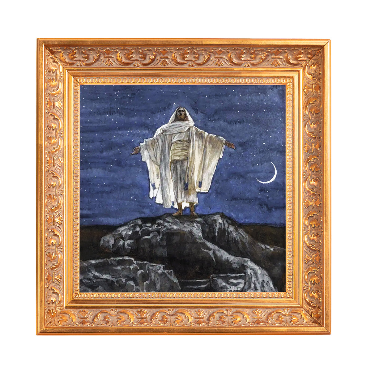 Framed painting of Jesus in a white robe with open arms on a rocky hill against a starry night sky and crescent moon.