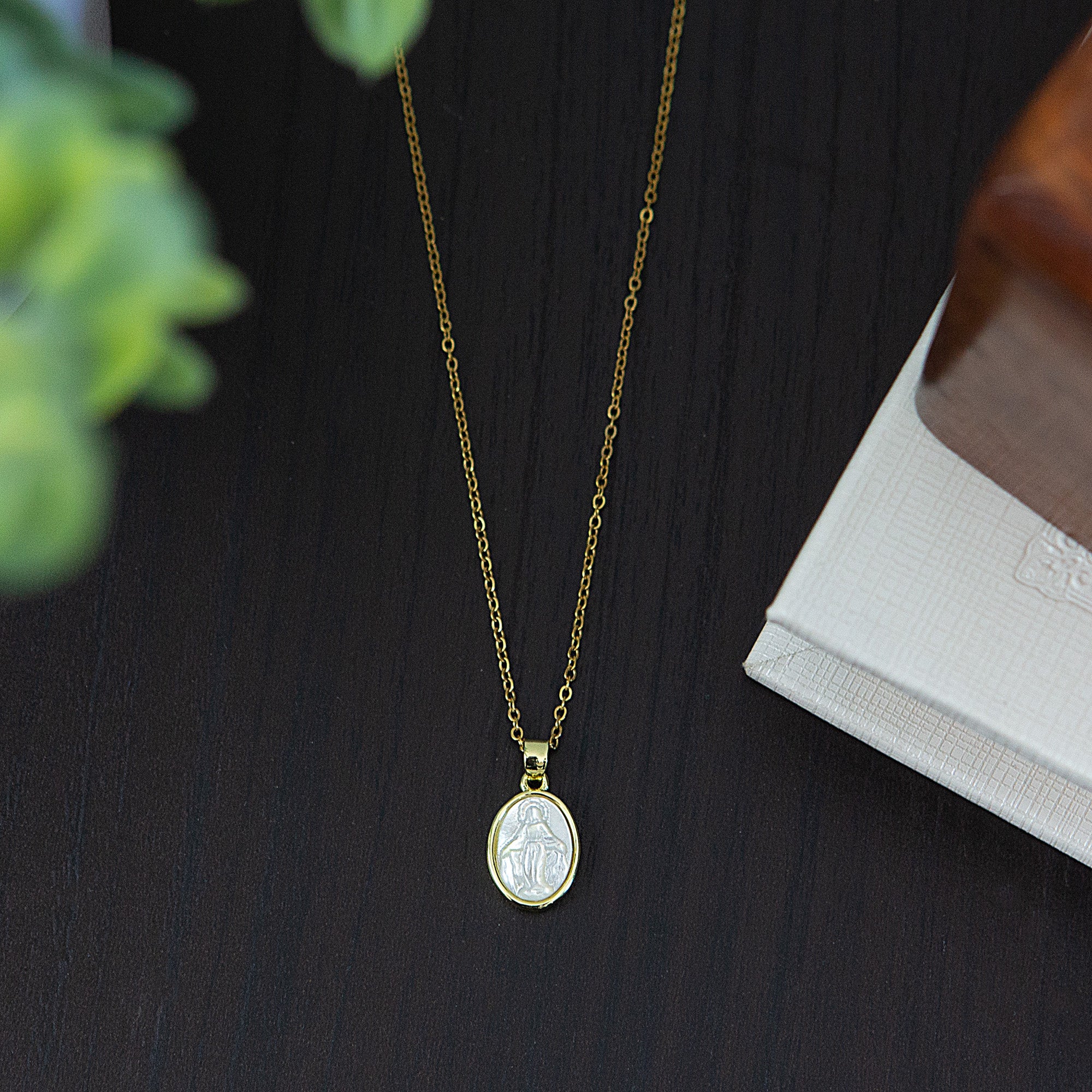 Gold Plated Mother of Pearl Our Lady of Grace Necklace
