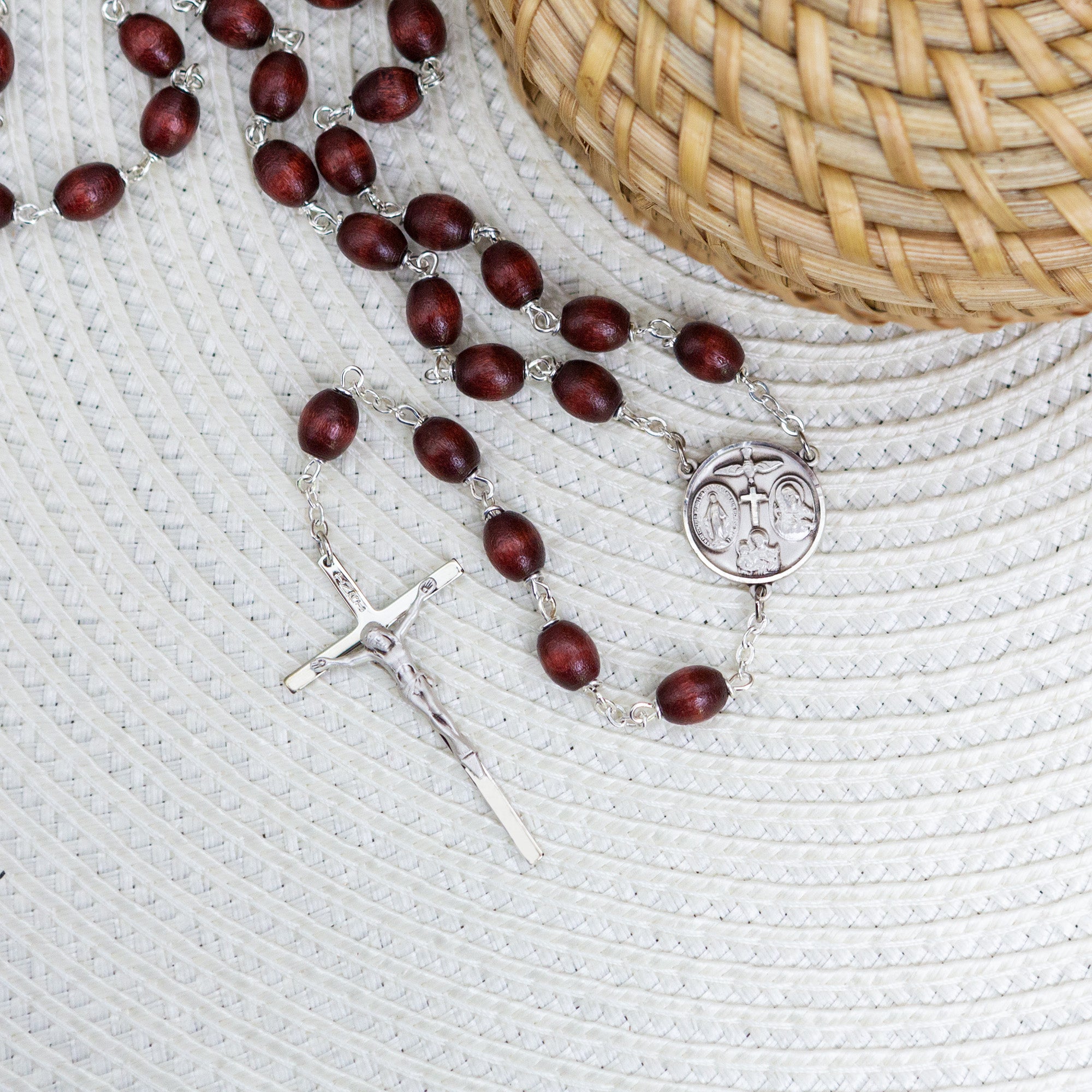 Sterling Silver Brown Wood Bead Rosary