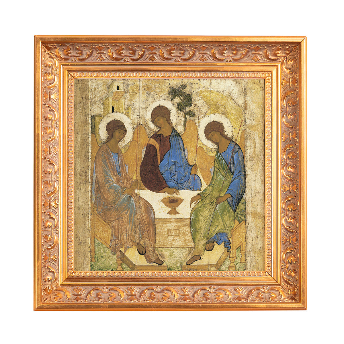 Antique religious icon in gold-colored ornate frame depicts three seated figures with halos.