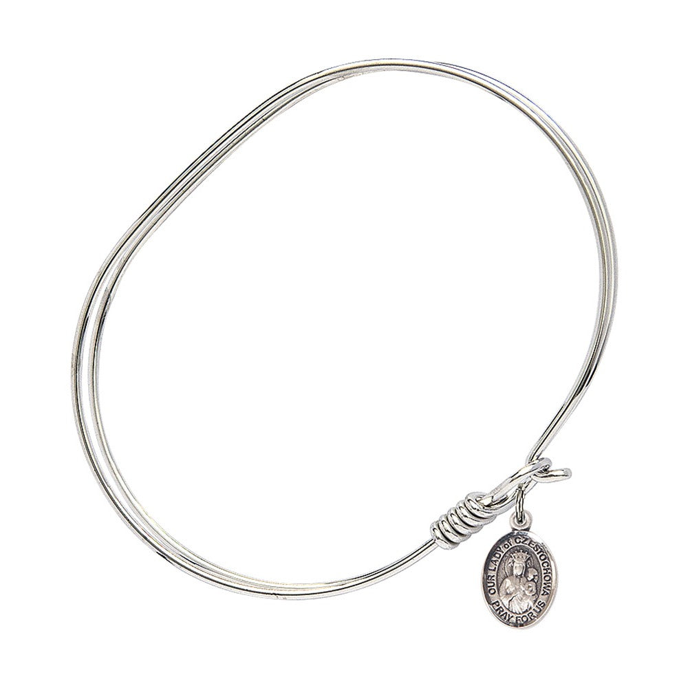 Adult 7" Oval Rhodium Plated Bangle with Our Lady of Czestochowa Medal