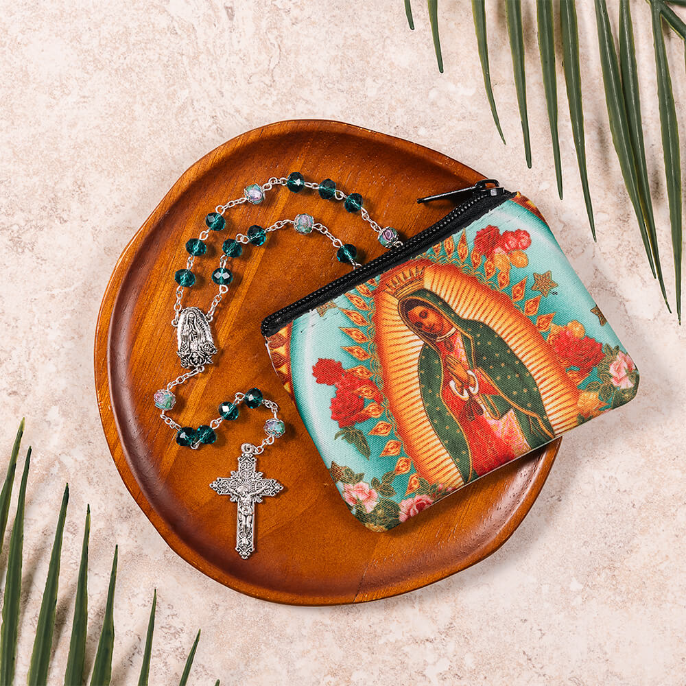 Our Lady of Guadalupe Floral Chaplet & Rosary Pouch Gift Set