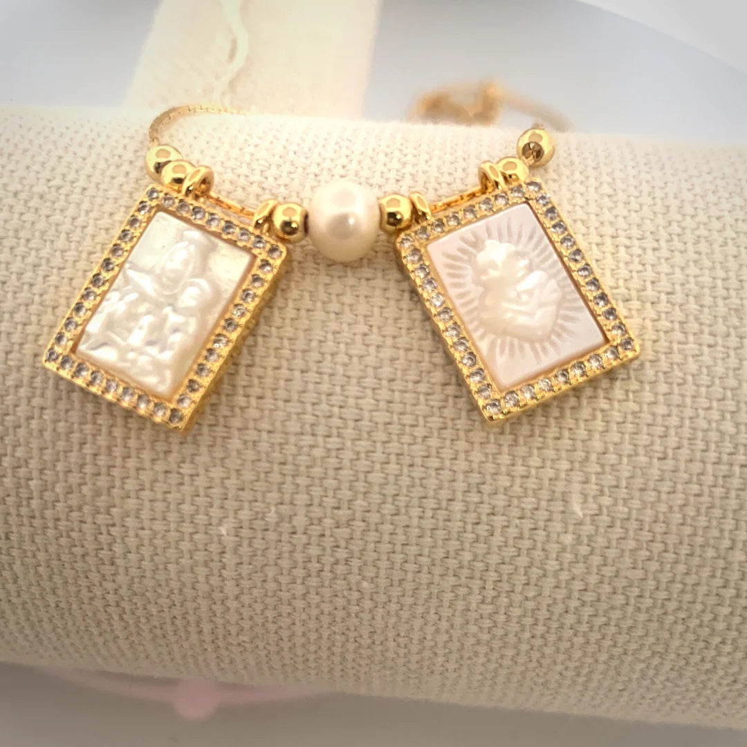 Mother of Pearl Cubic Zirconia Gold Scapular Necklace