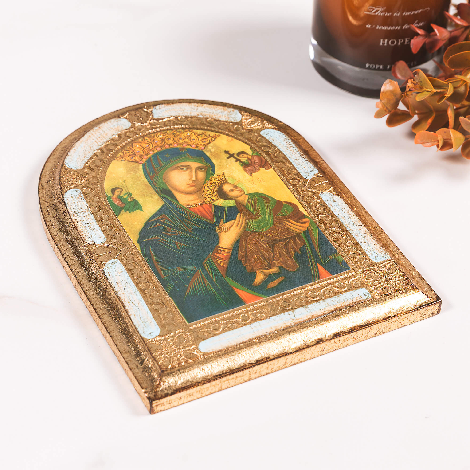 Our Lady of Perpetual Help Gold & Blue Arched Florentine Plaque - 8" x 6"