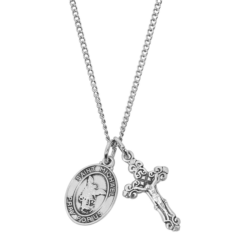 Petite Silver St. Michael Medal & Crucifix Necklace - 18"