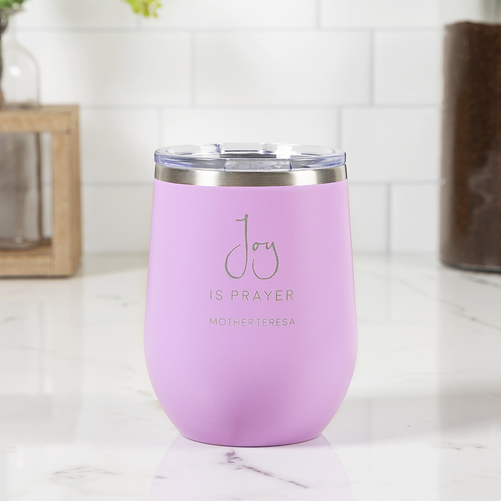 Personalized Joy Is Prayer Lilac Wine Tumbler