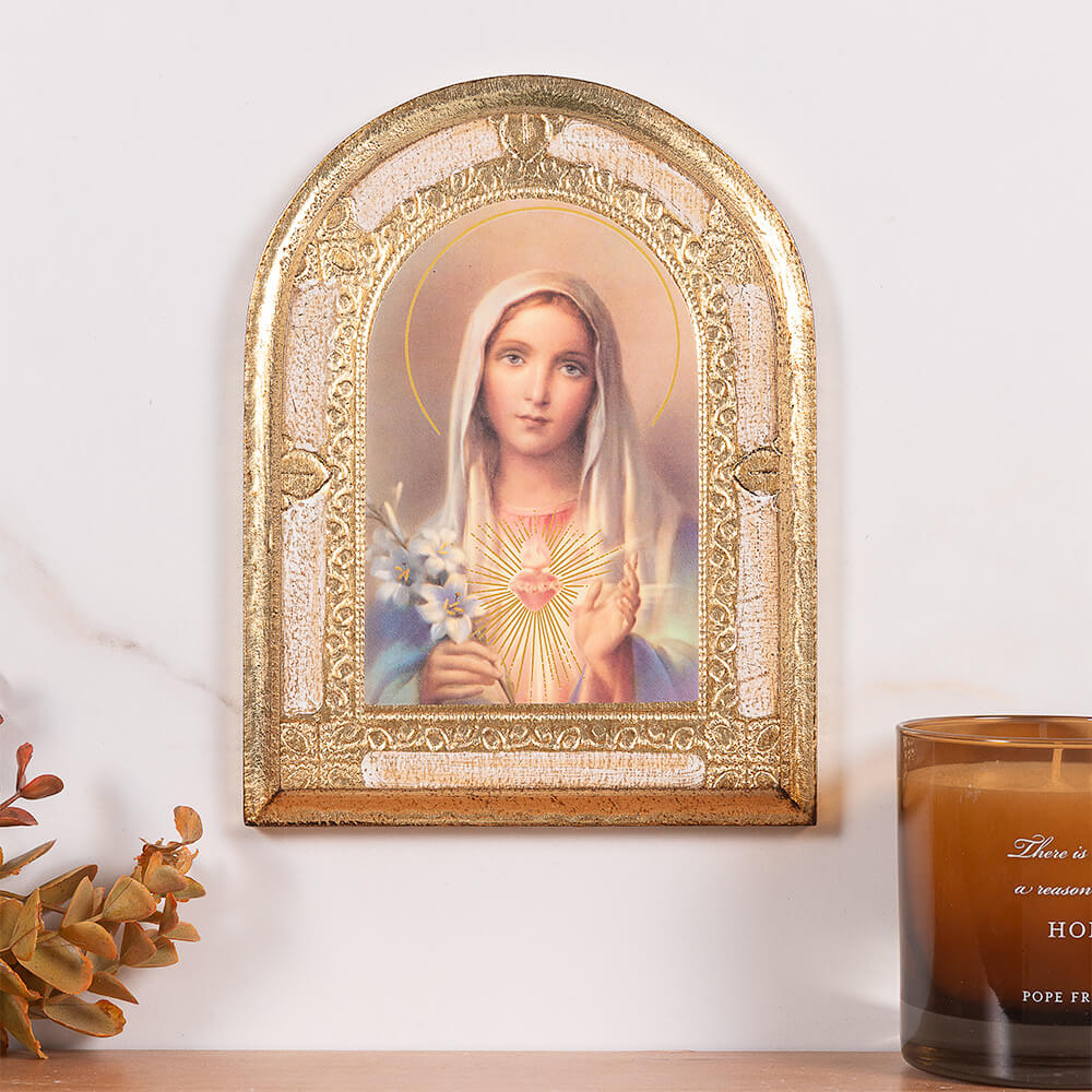 Immaculate Heart of Mary Gold & White Arched Florentine Plaque - 8" x 6"