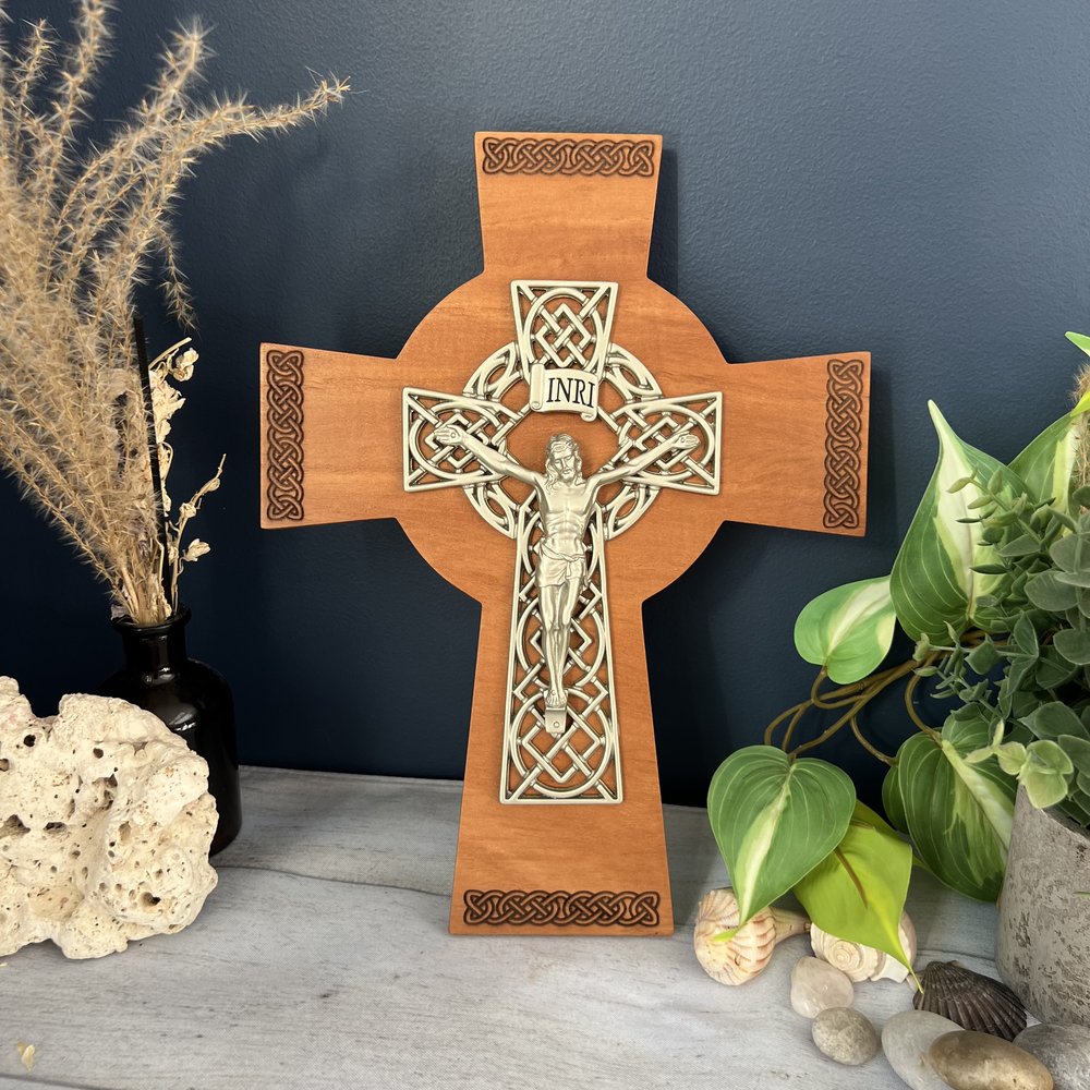 Cedar Wood & Silver Celtic Wall Crucifix - 12"