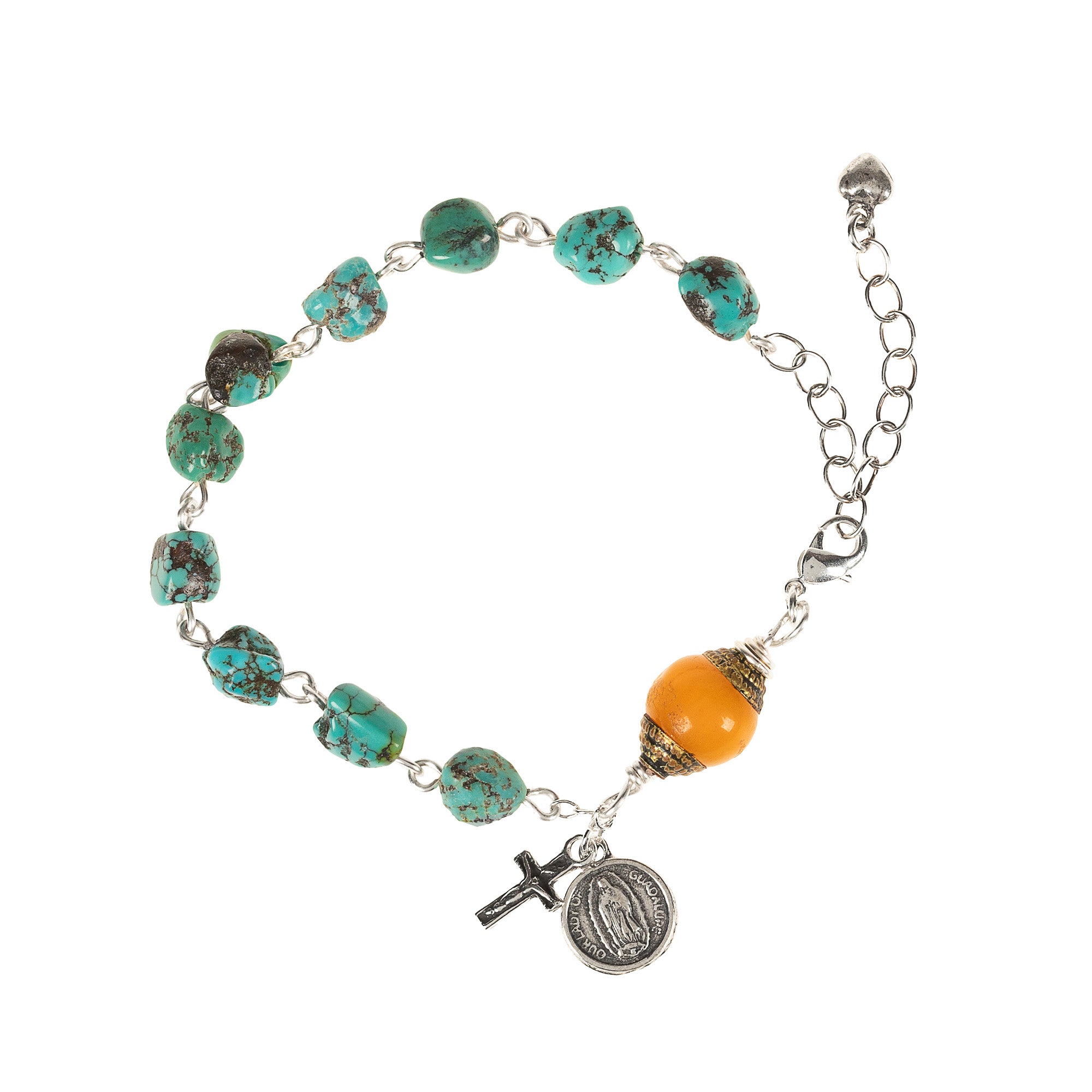 Sterling Turquoise & Amber Guadalupe Rosary Bracelet
