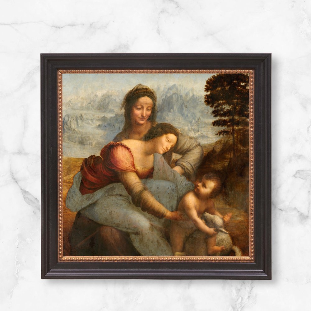 Framed painting. Leonardo da Vinci's "The Virgin and Child with Saint Anne" in dark wood frame with gold accents.
