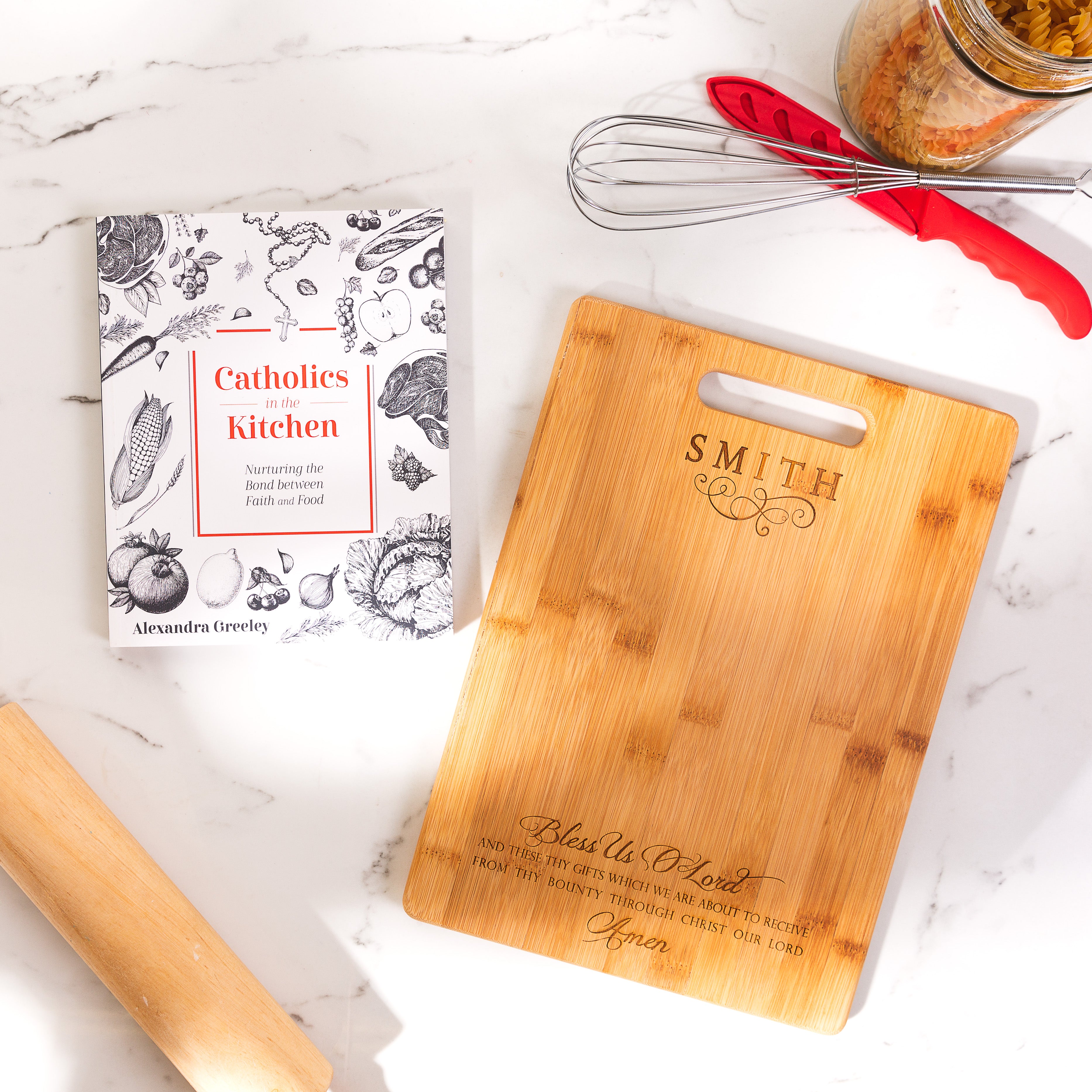 Catholics in the Kitchen: Nurturing the Bond between Faith and Food & Bless Us O Lord Cutting Board (2 Gift Set)