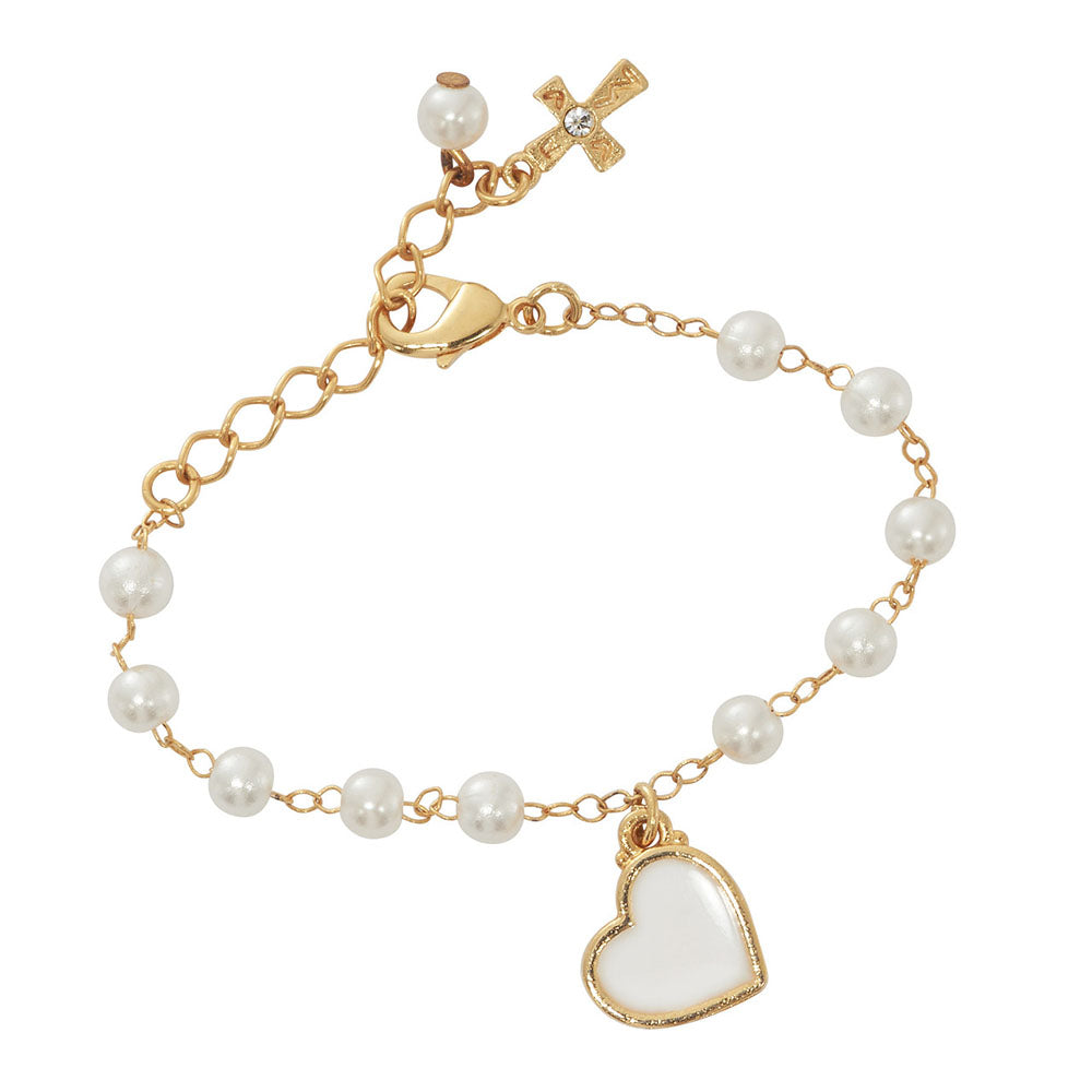 Faux Pearl One Decade Rosary Bracelet w/White Heart Charm
