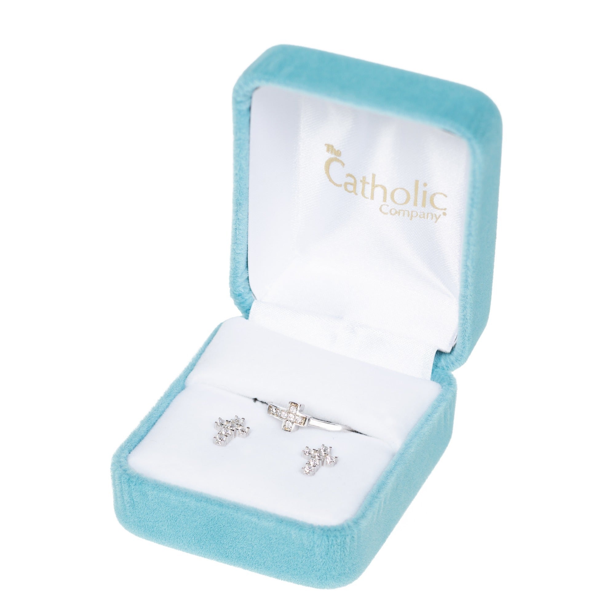 Silver & Cubic Zirconia Cross Earrings & Ring - Set