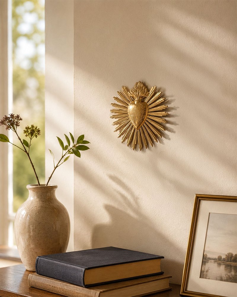 Gold Sunburst Sacred Heart Wall Plaque - 6.75"