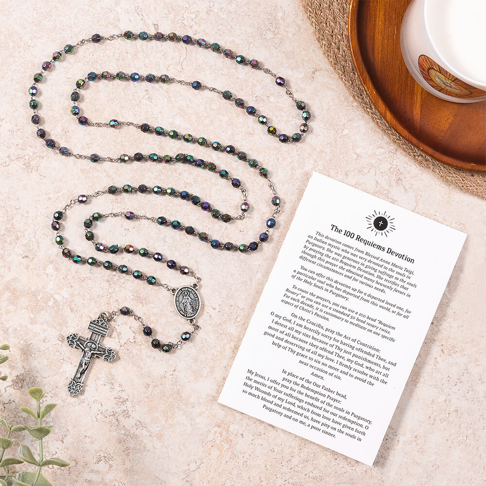 Black Crystal 10 Decade 100 Requiem Rosary & The 100 Requiems Devotion Prayer Card Gift Set