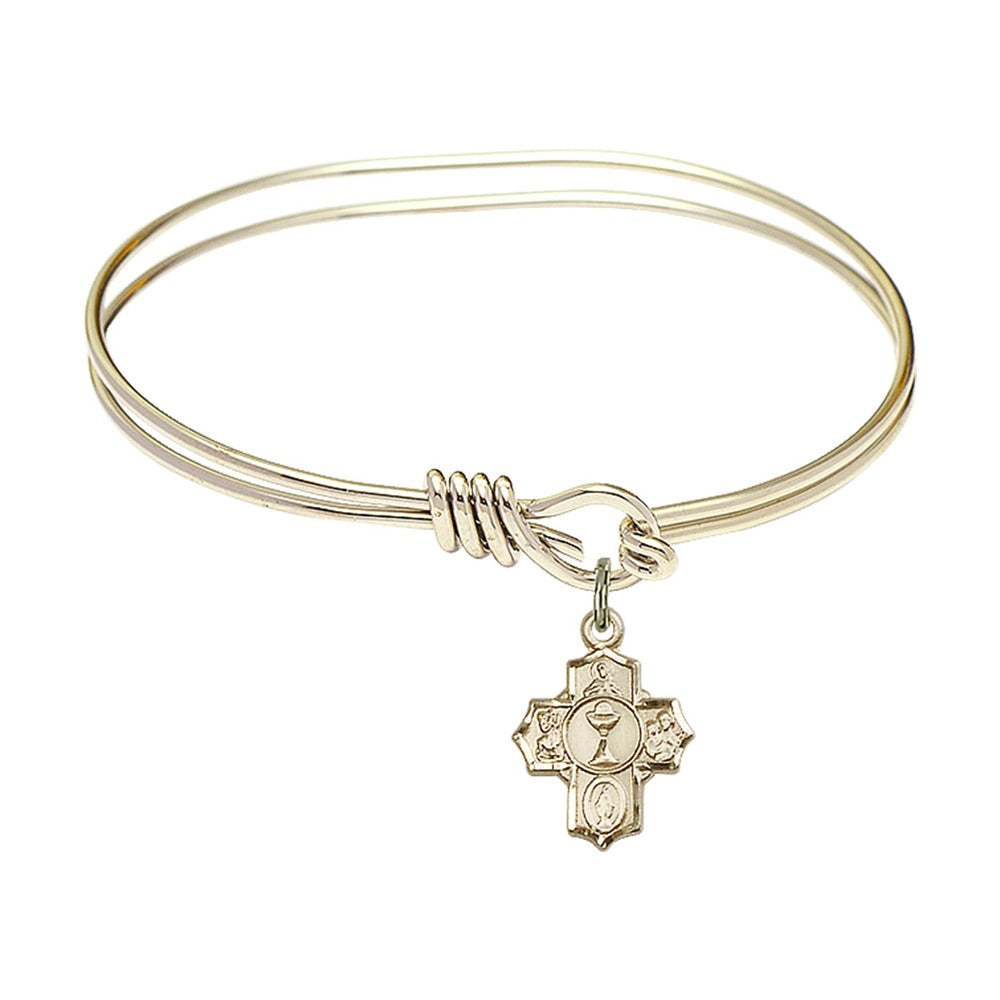 Youth Girl 5 3/4" Gold Plated Bangle Bracelet with First Communion 5-Way Medal Charm
