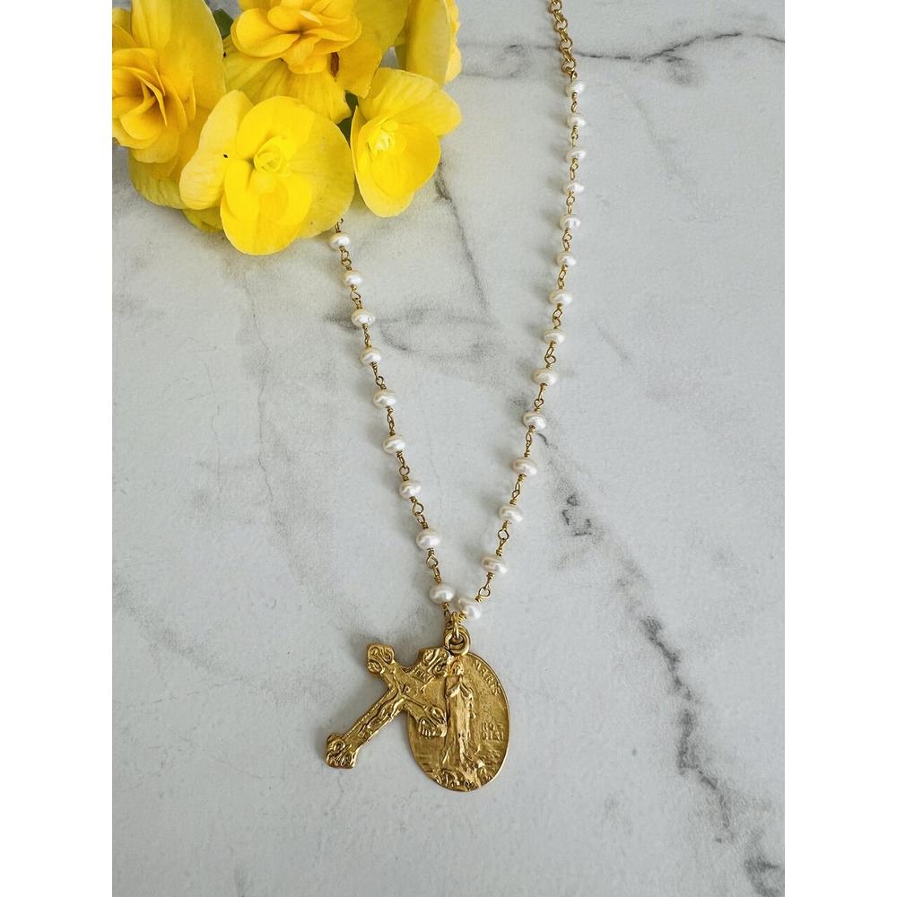 Antique Gold & Petite Pearl Stella Maris Crucifix Necklace