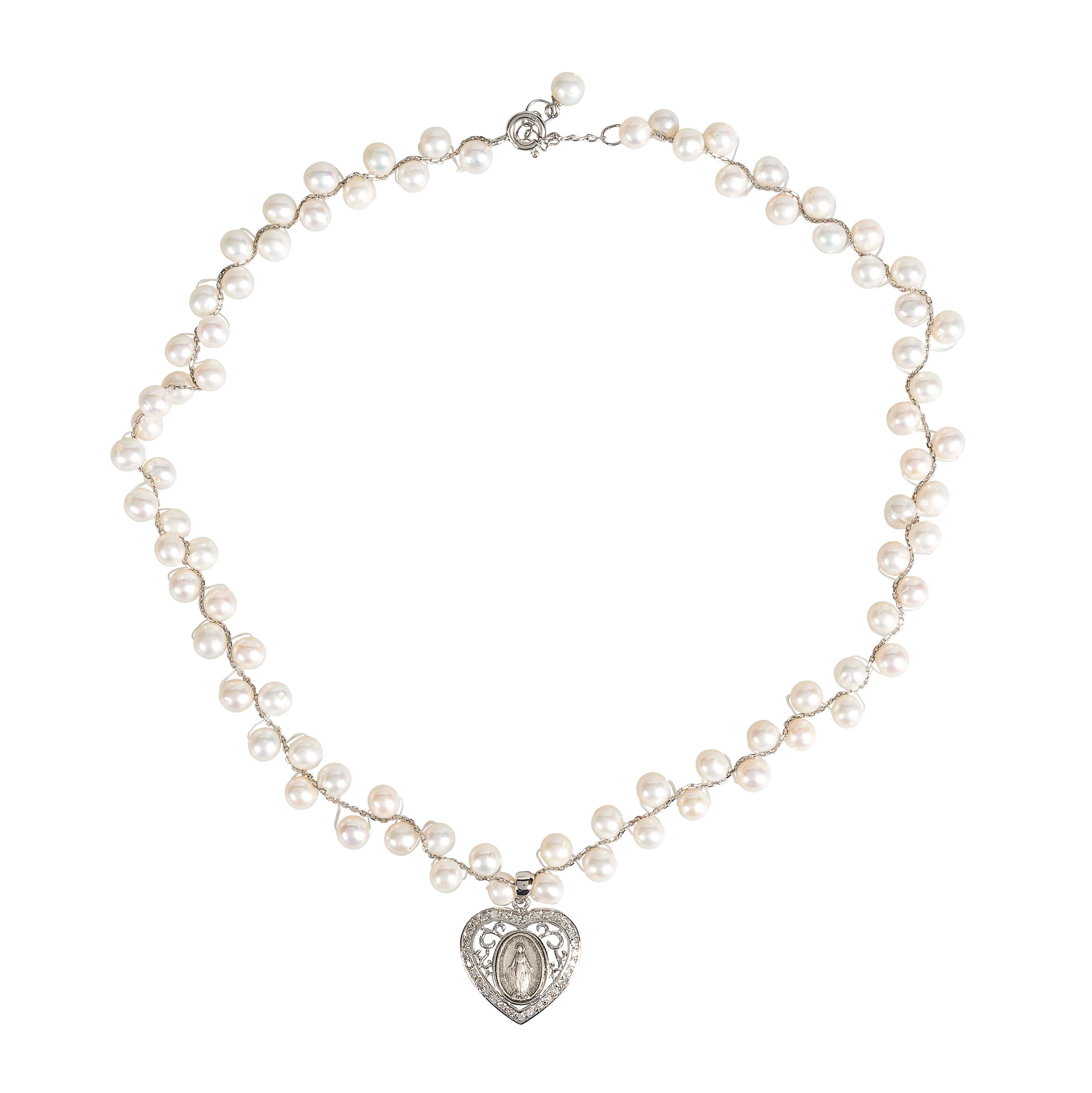 Grapevine Pearl Miraculous Medal Heart Necklace