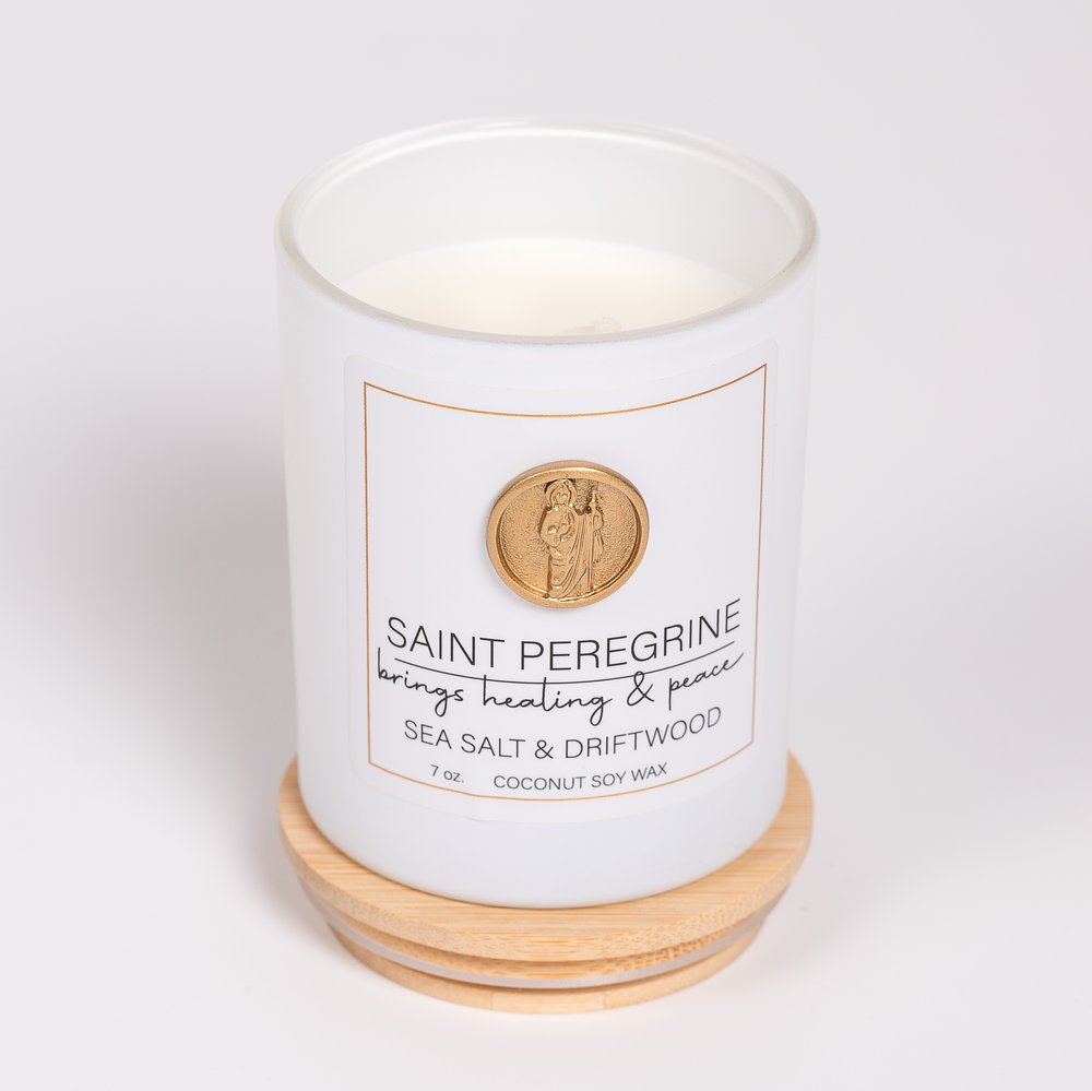 St. Peregrine Healing & Peace Candle - Sea Salt & Driftwood