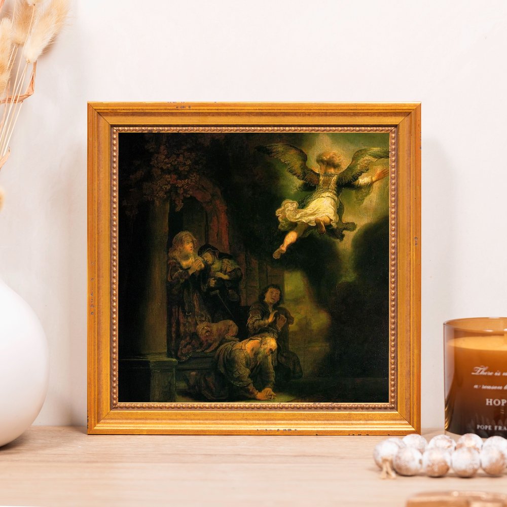 Framed print of angel visiting prisoners, dark colors, and gold frame.