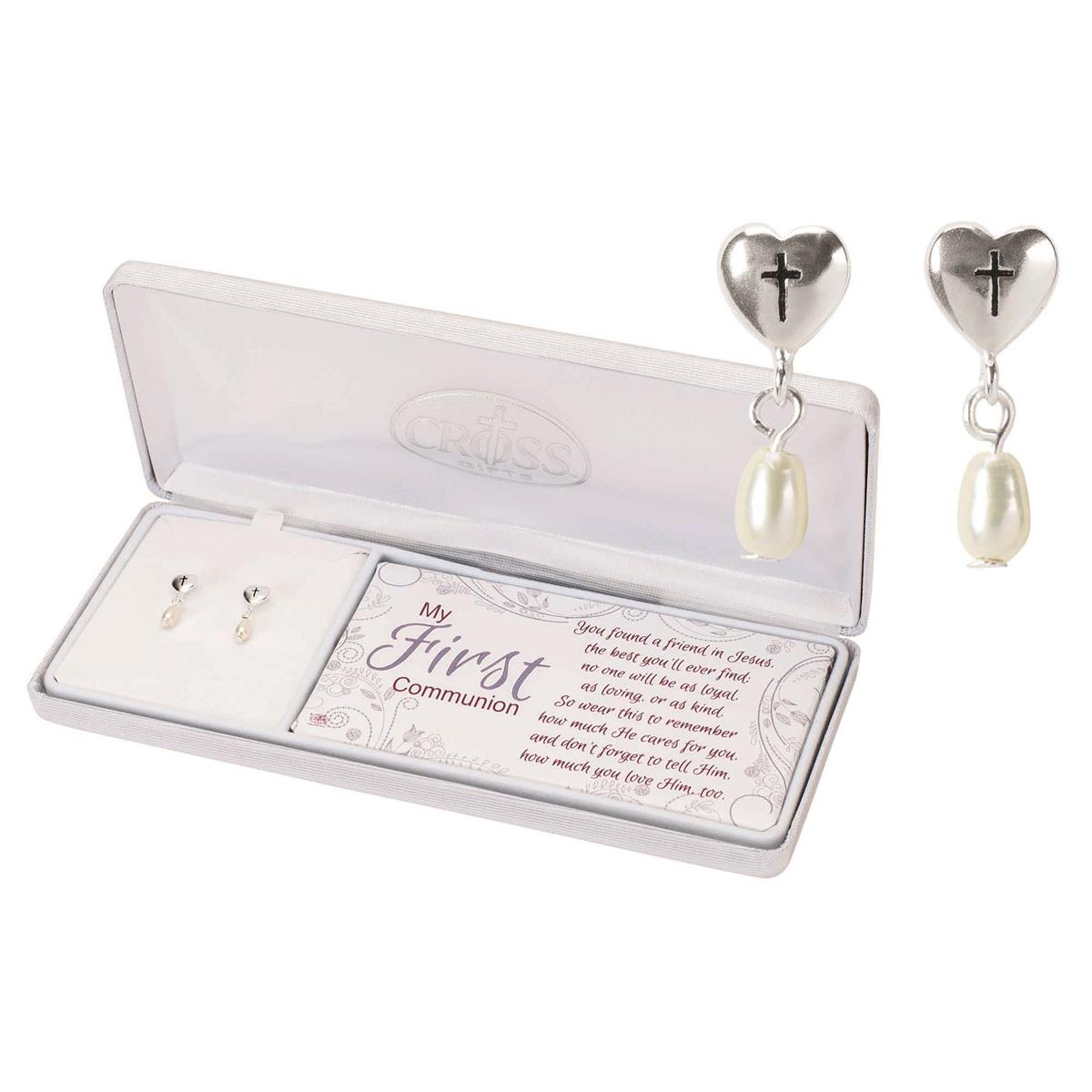 First Communion Freshwater Pearl Heart Drop Earrings
