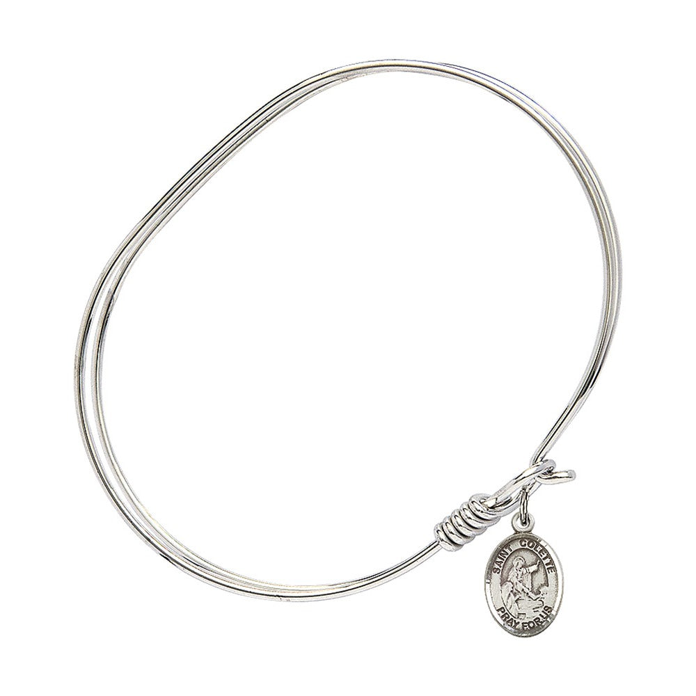 Adult 7" Oval Rhodium Plated Bangle Bracelet with St. Colette Medal Charm
