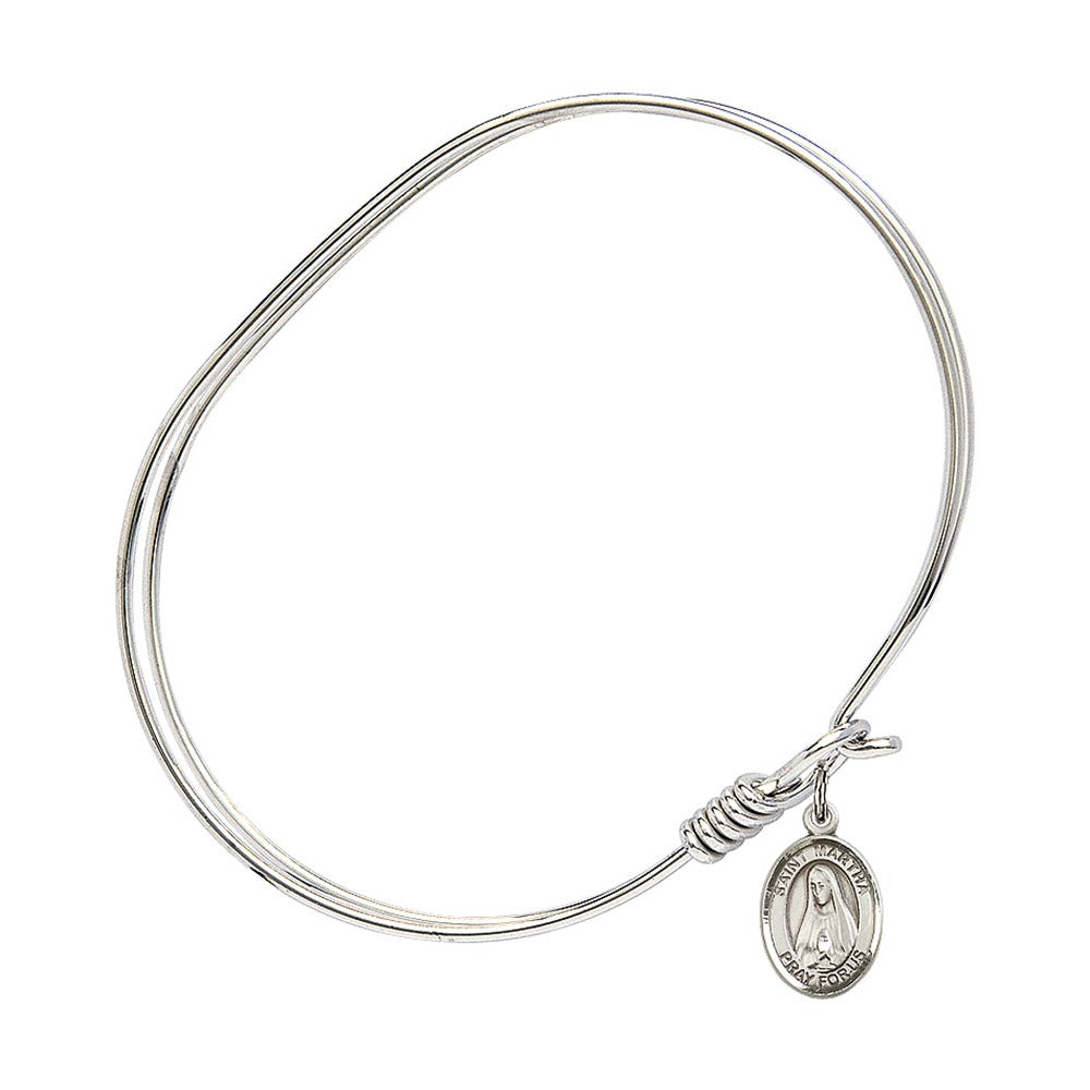 Adult 7" Oval Rhodium Plated Bangle Bracelet with St. Martha Medal Charm