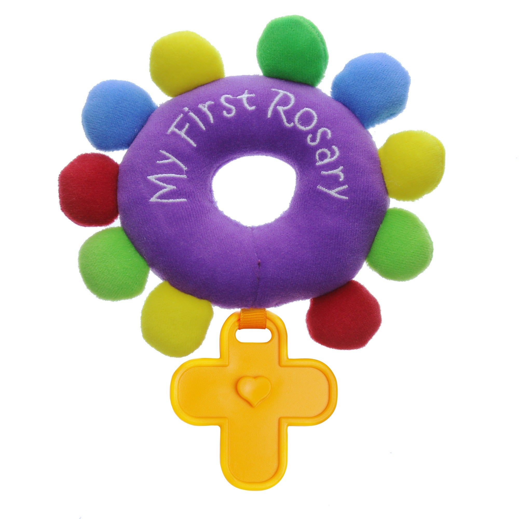 Plush baby rosary toy with rainbow beads and yellow cross teether.