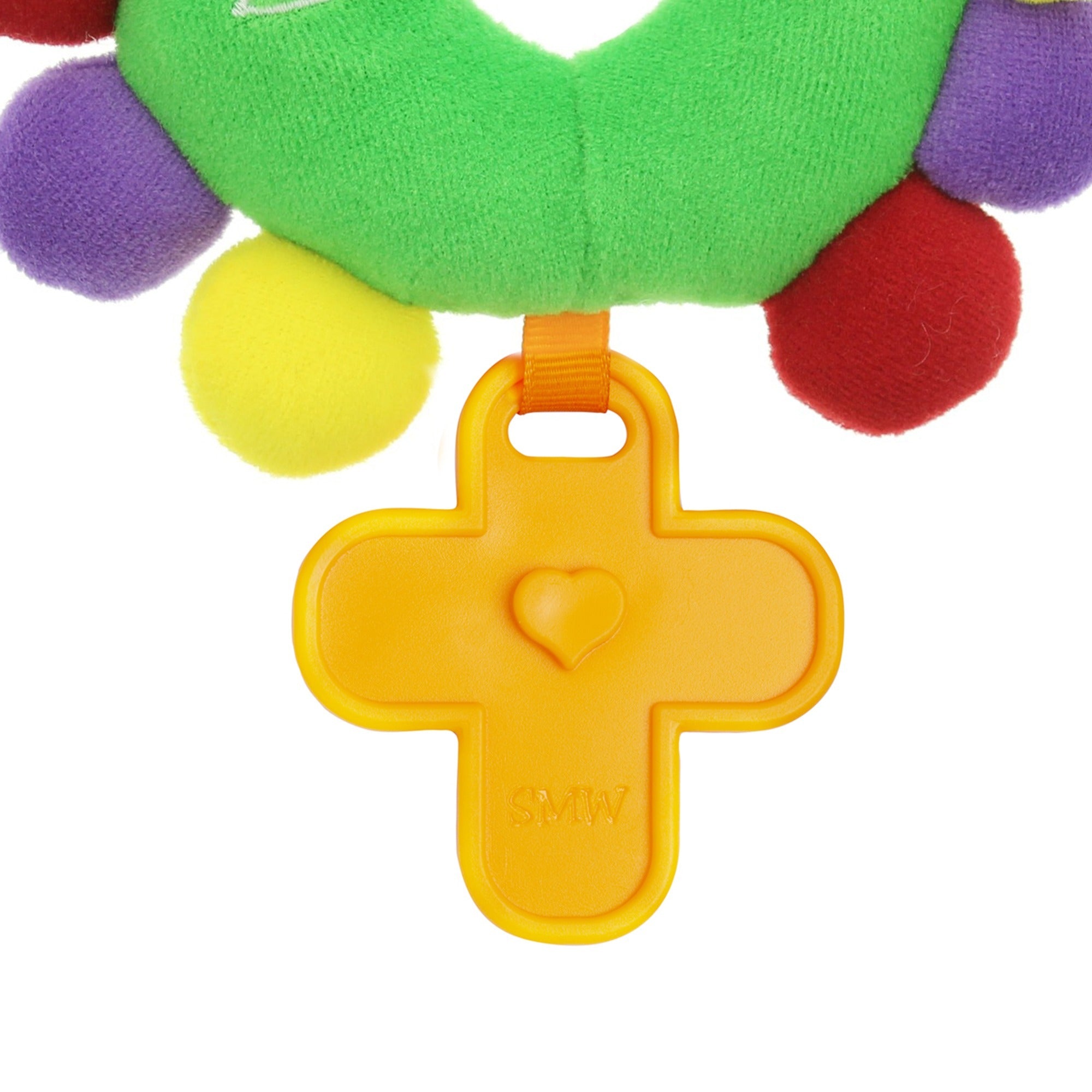 Plush baby toy with green fabric and multicolored nubs, and a yellow plastic teether.