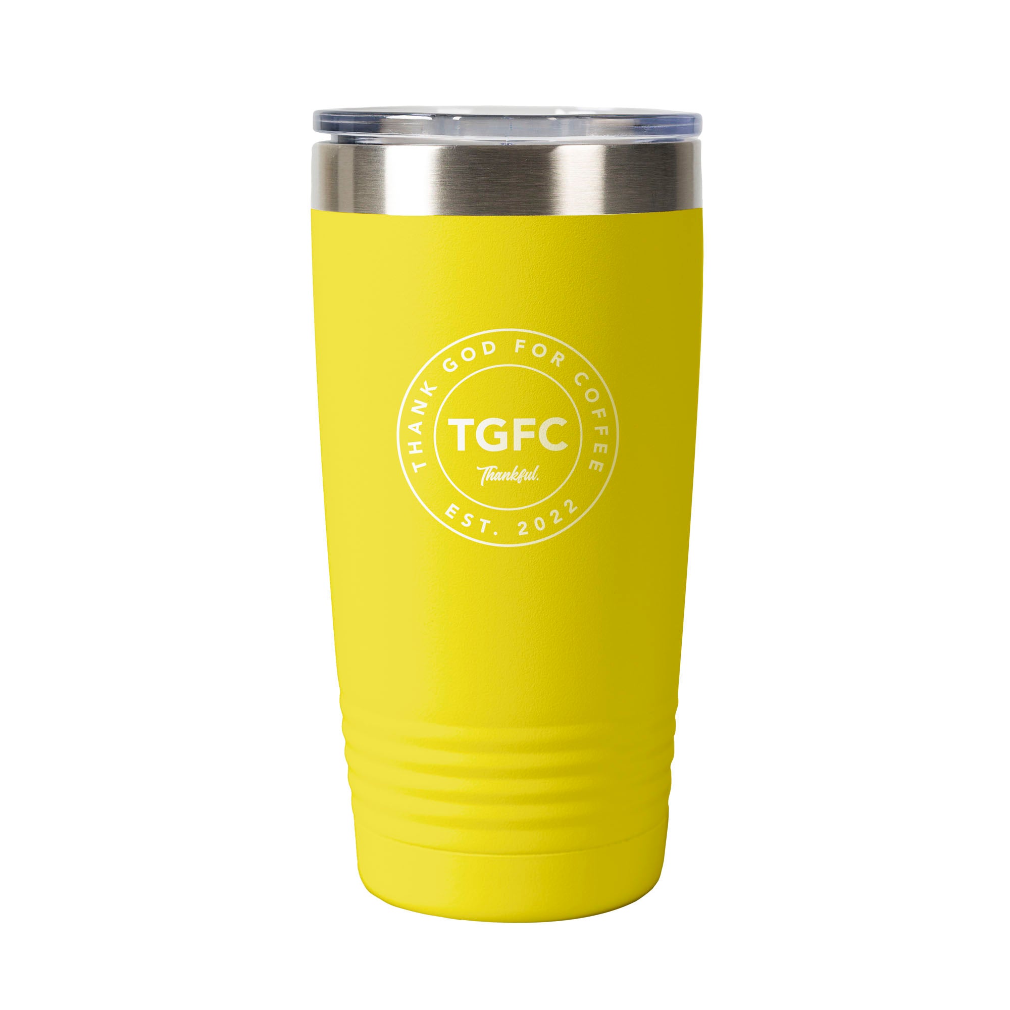 Yellow, Insulated tumbler with a silver lid and "Thank God For Coffee" design.