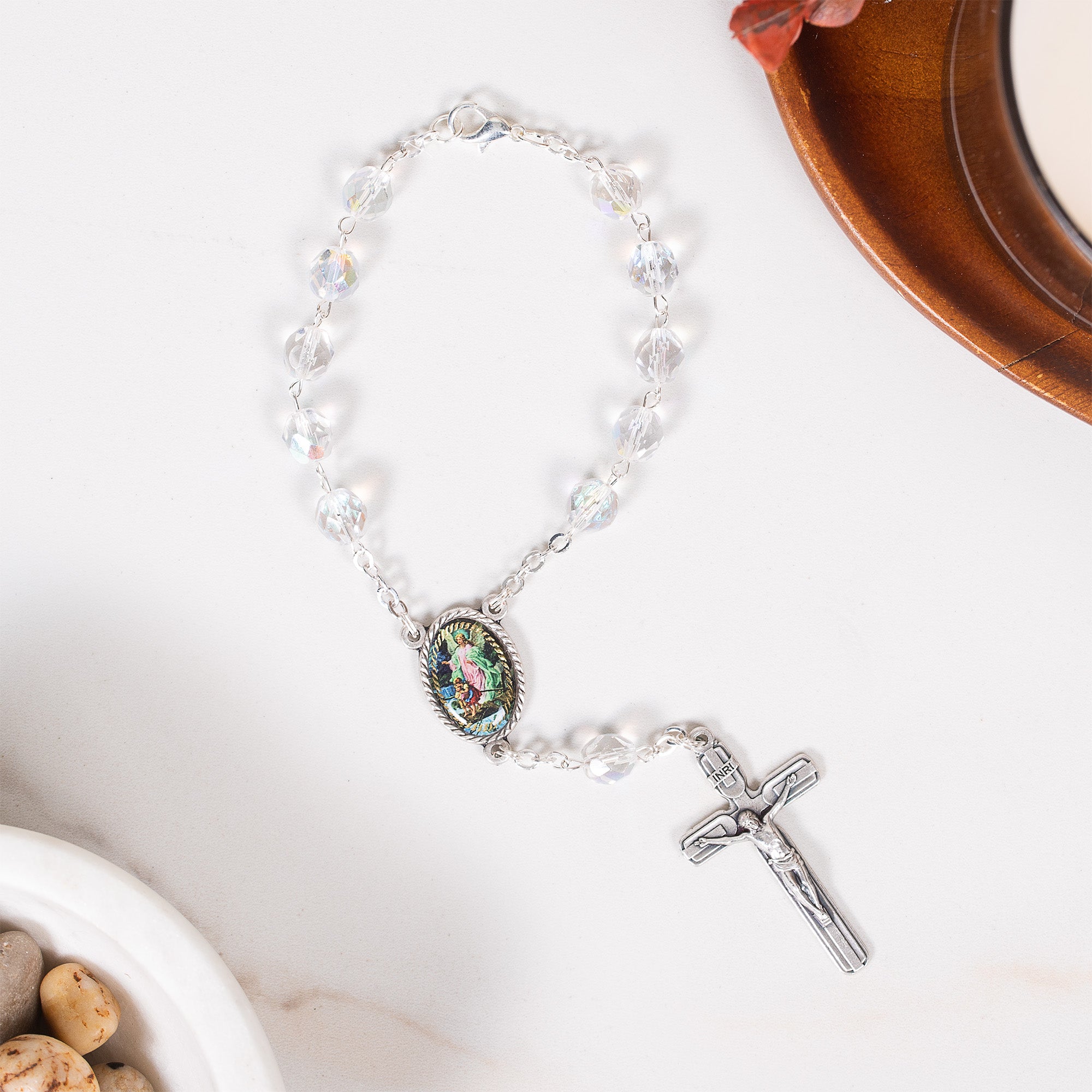 Aurora Borealis Clear Crystal Guardian Angel Auto Rosary