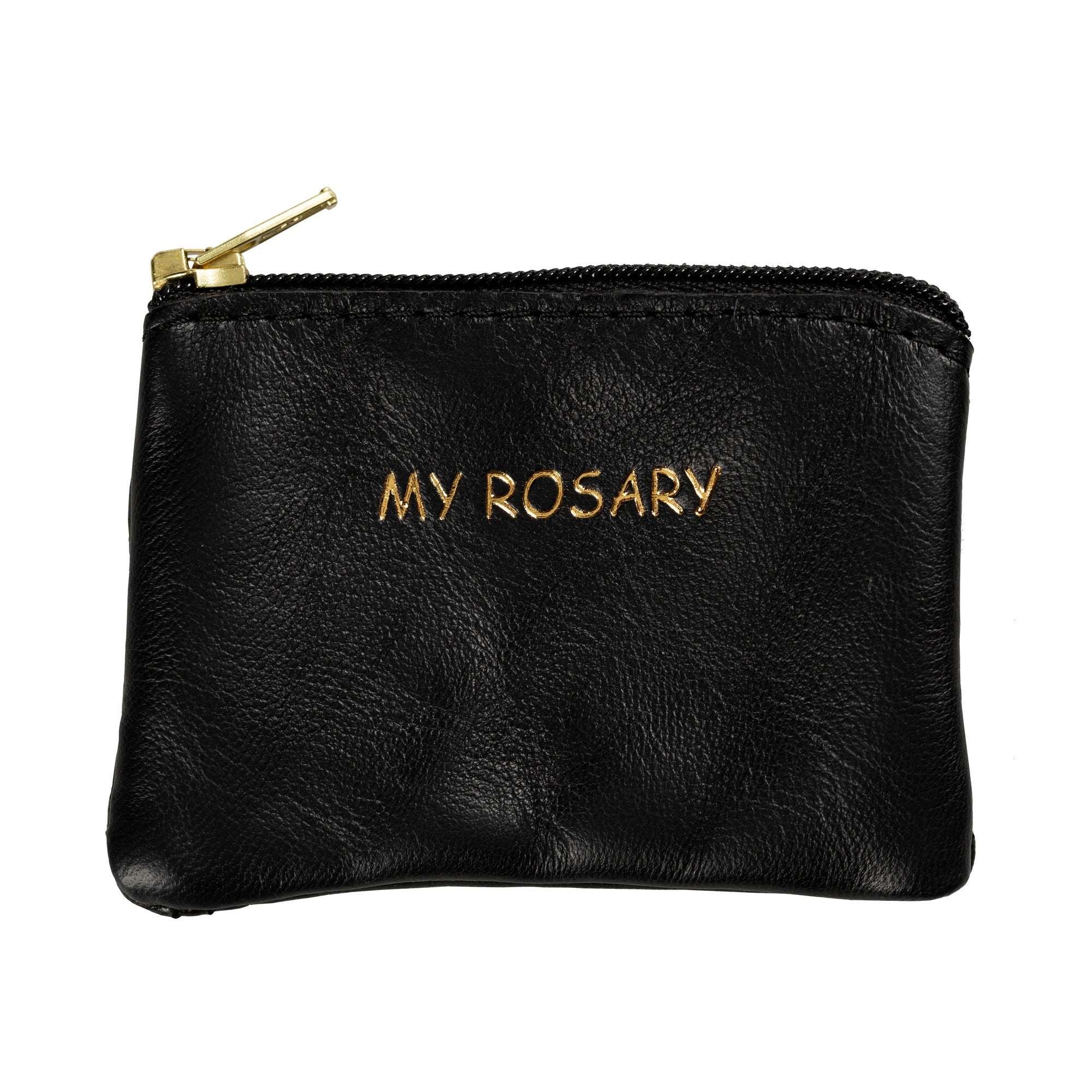 Black Leather Rosary Pouch with Gold Lettering & Zipper