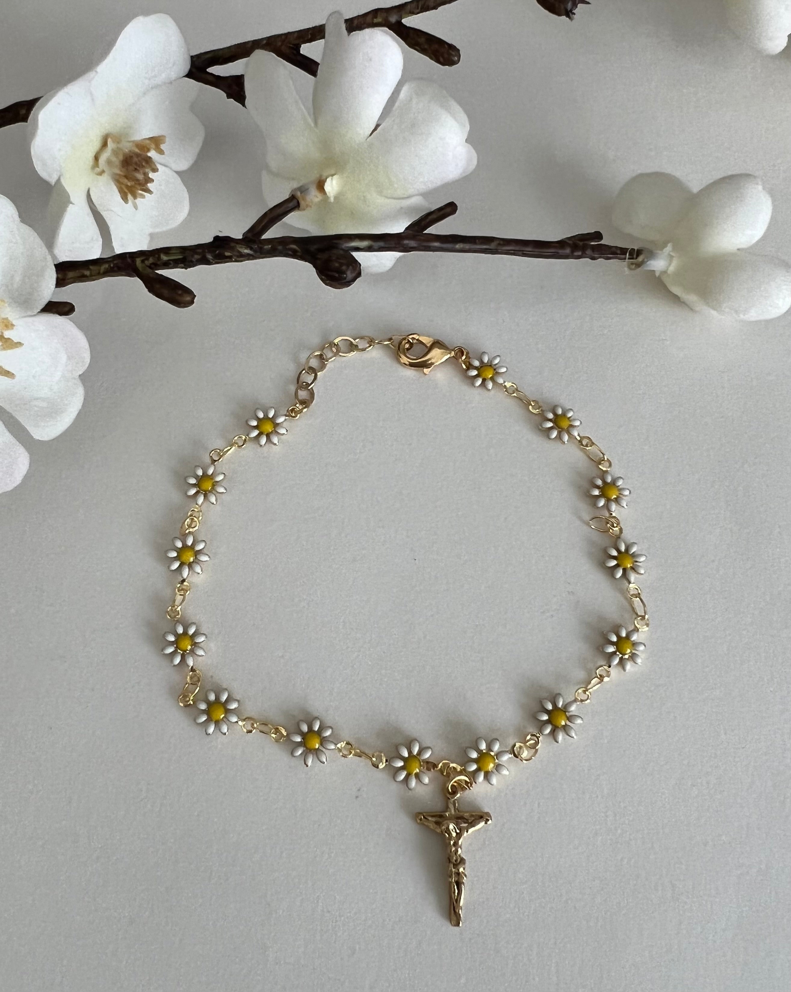 White Daisy Chain Crucifix Anklet