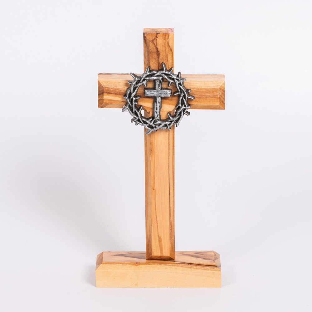 Holy Land Crown of Thorns Olive Wood Standing Cross - 6"