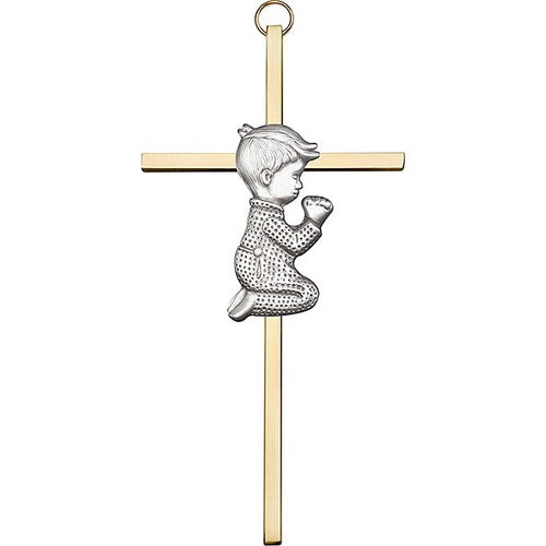 6 inch Antique Silver Praying Boy on a Polished Brass Cross
