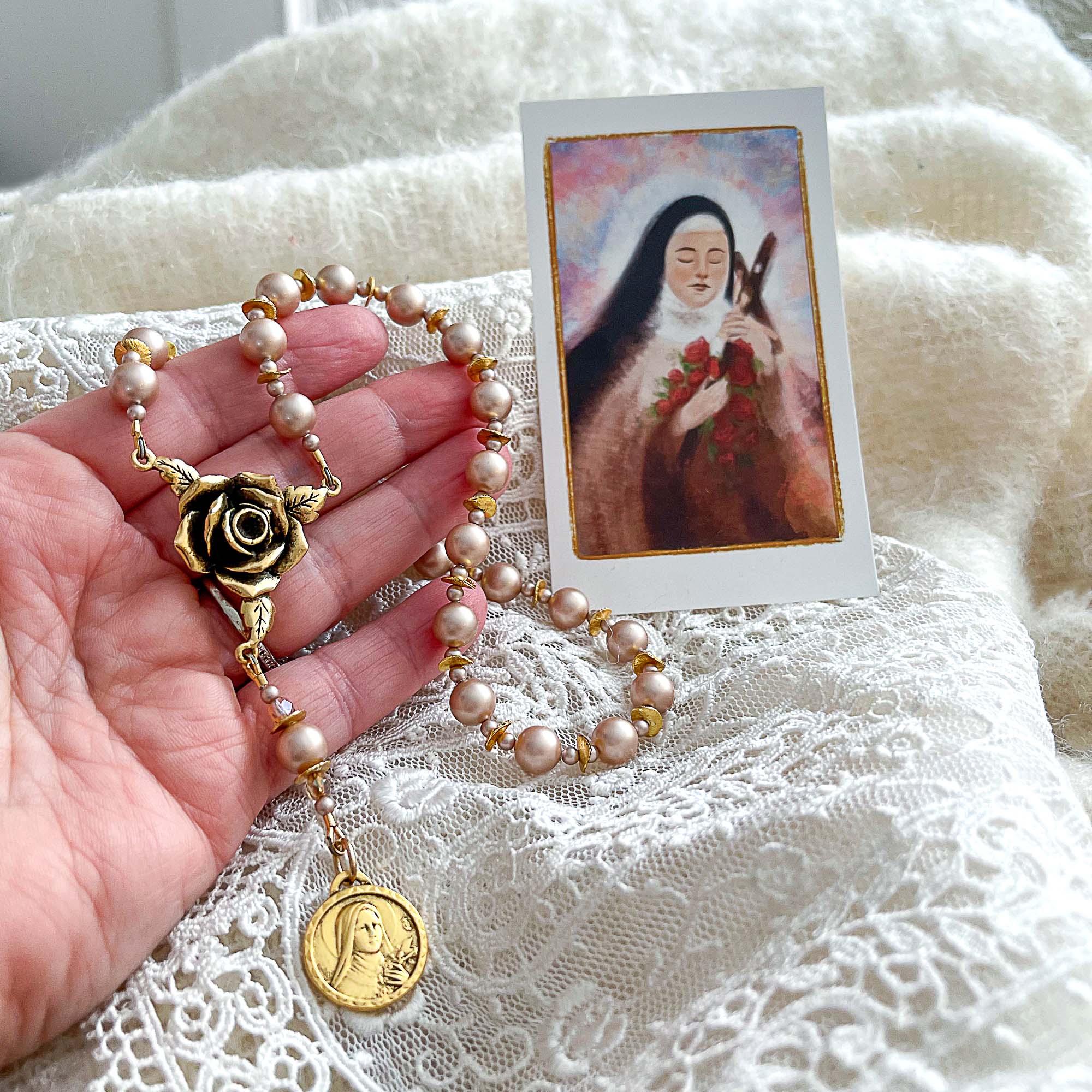 Rose & Antique Gold Chaplet of St. Therese the Little Flower