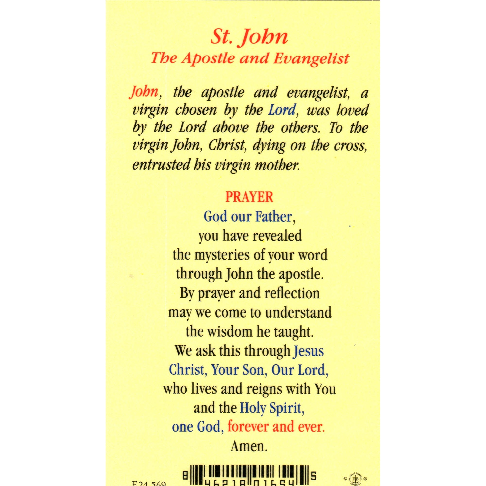 St. John the Apostle and Evangelist Prayer Card