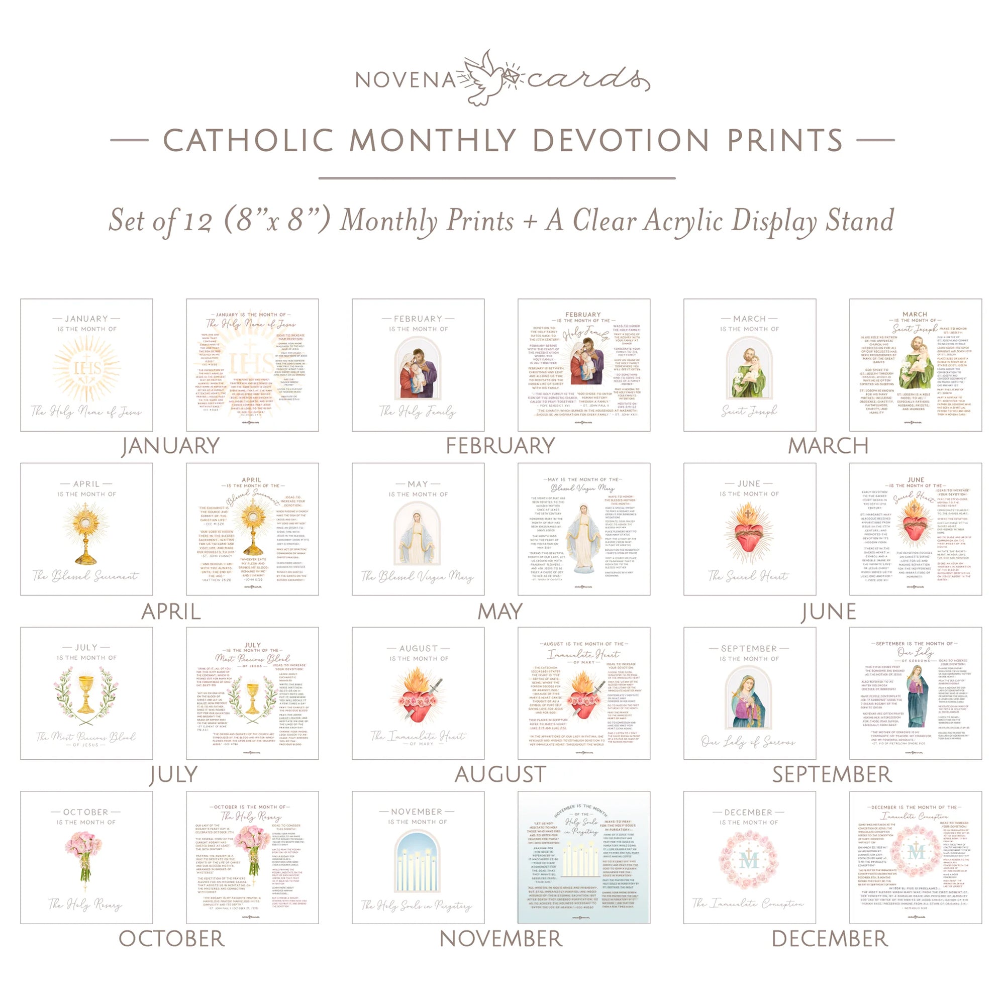 12 Catholic Monthly Devotion Prints & Acrylic Stand