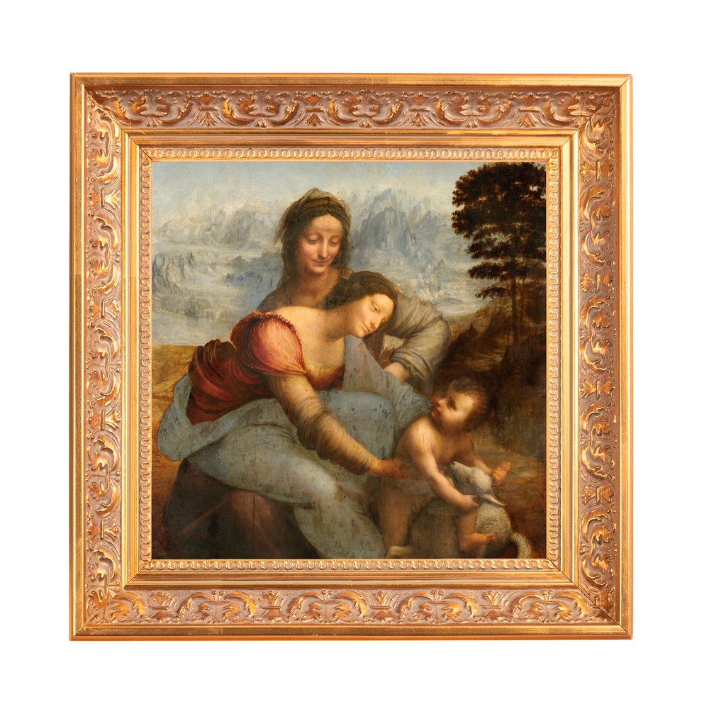 Framed art print of Leonardo da Vinci's "The Virgin and Child with Saint Anne" in an ornate, gold-tone frame.