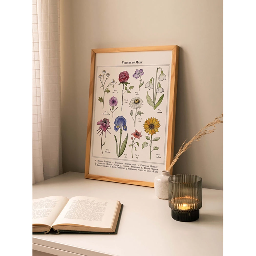 Virtues of Mary Vintage Floral Poster - 11" x 14"