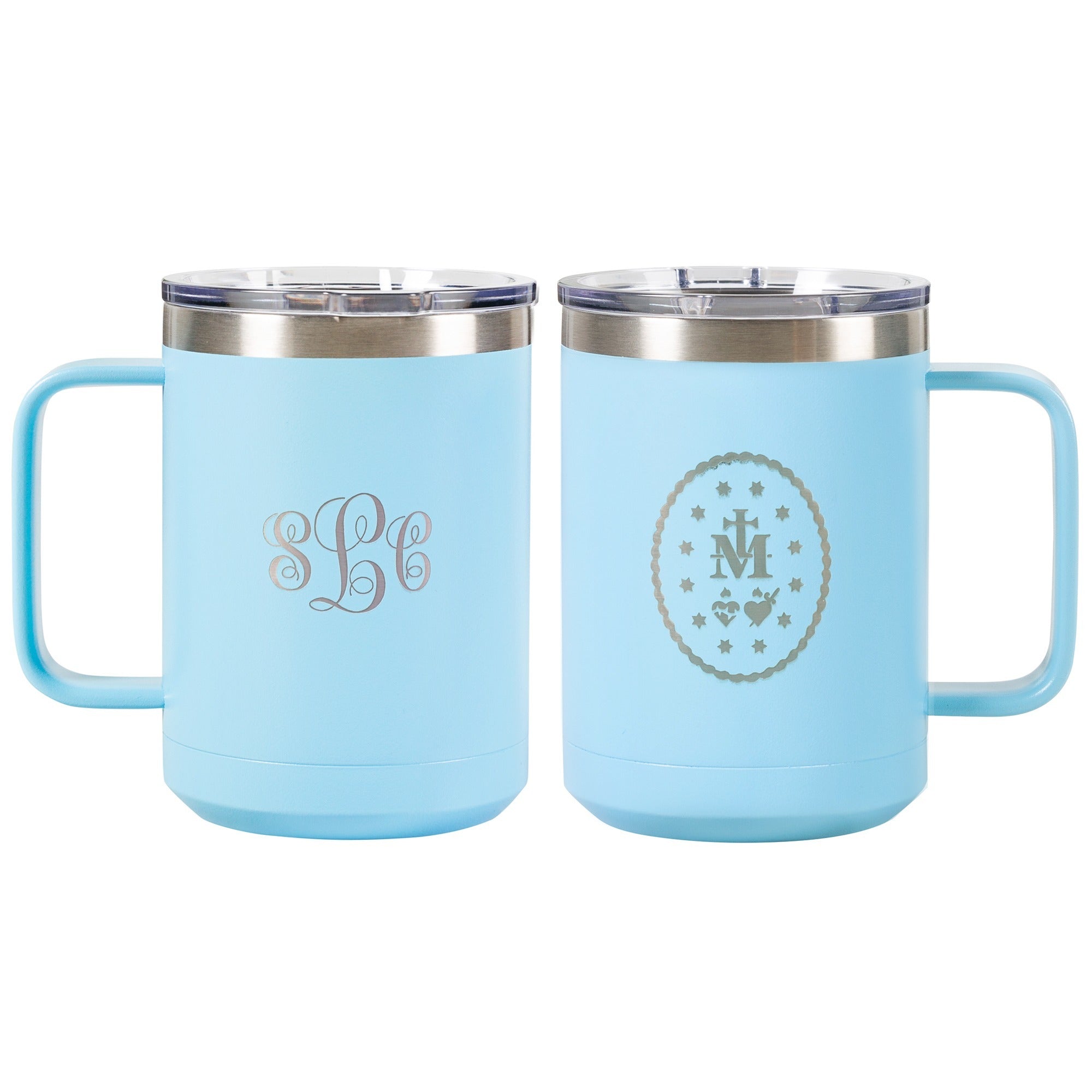 Personalized Miraculous Medal Blue Travel Mug