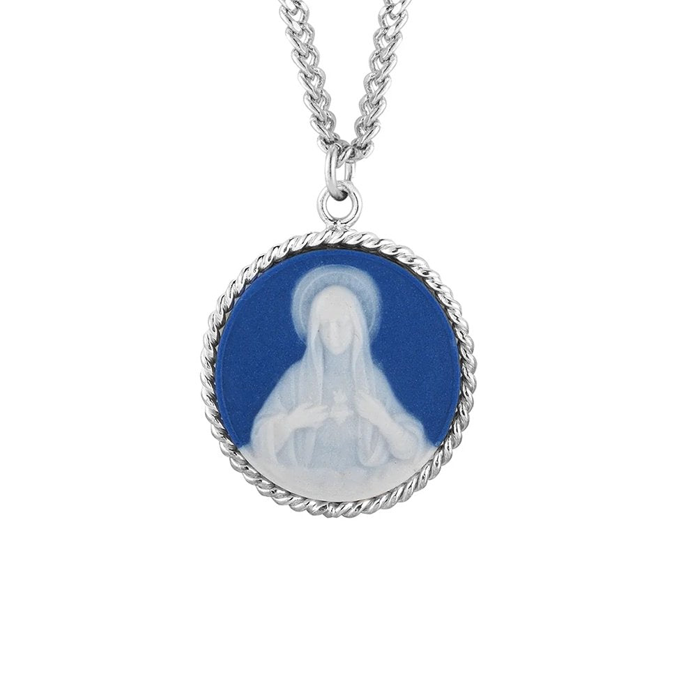 Round Sterling Silver Immaculate Heart of Mary Cameo Necklace